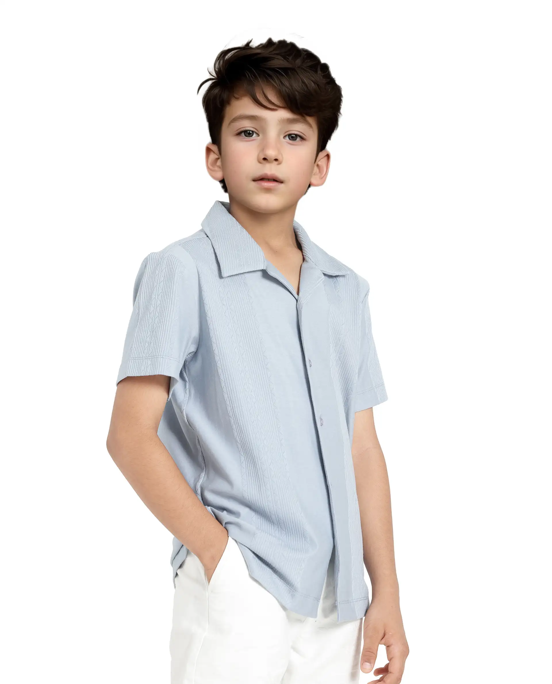 Rare Ones Kids Zinon Dusky Blue Cotton Full Sleeve Cuban Collar Jacquard Shirt - Image 7