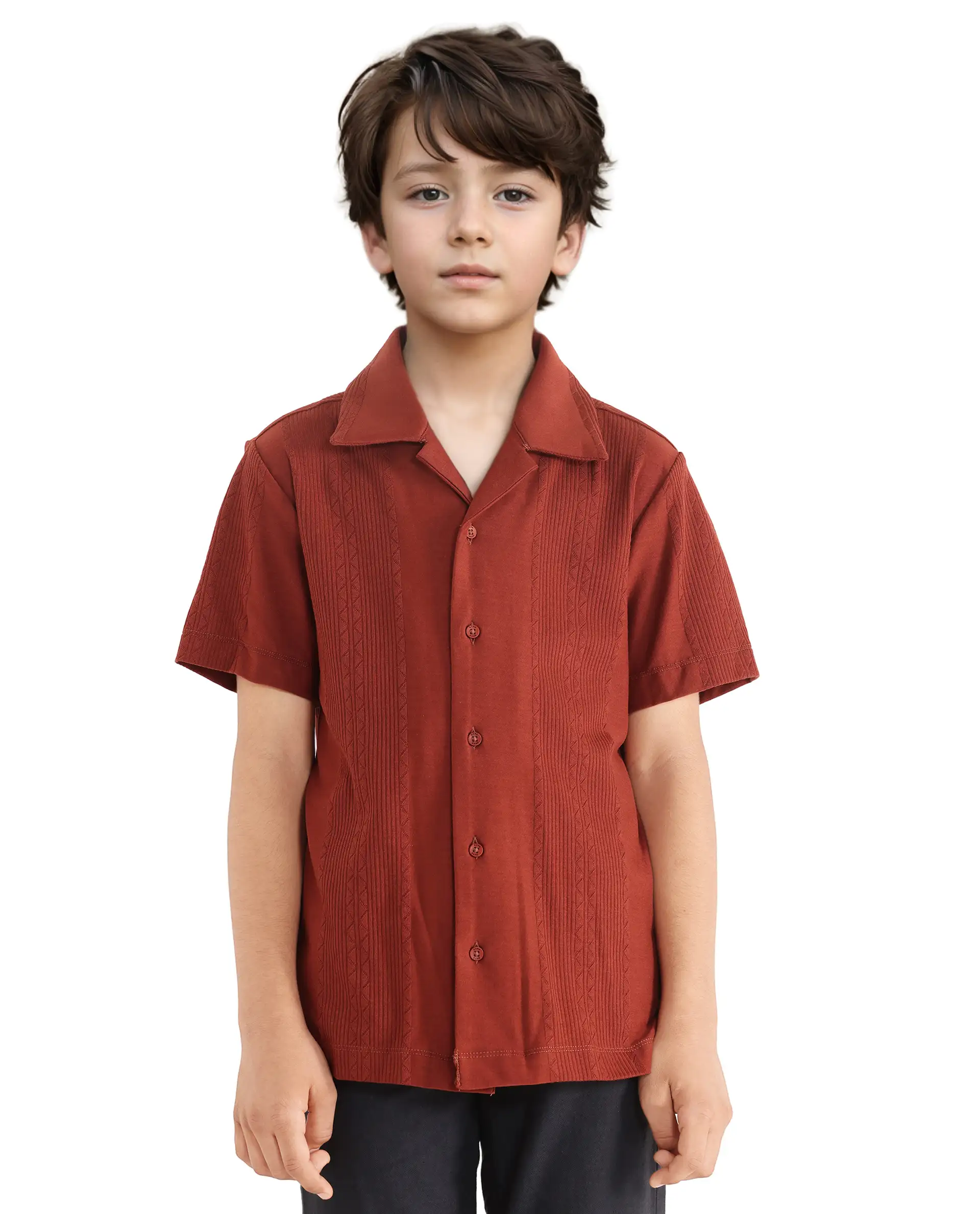 Rare Ones Kids Zinon Rust Cotton Full Sleeve Cuban Collar Jacquard Shirt - Image 2