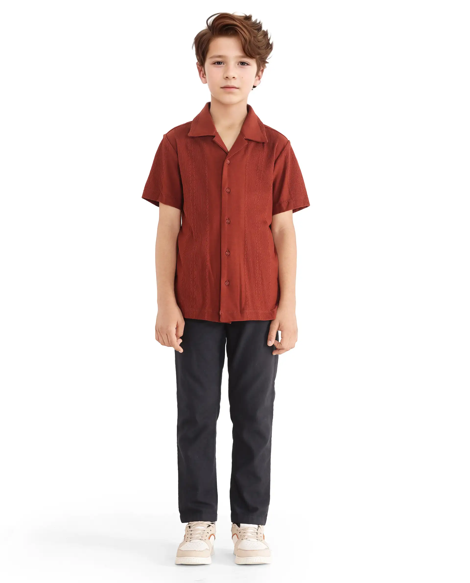 Rare Ones Kids Zinon Rust Cotton Full Sleeve Cuban Collar Jacquard Shirt - Image 3