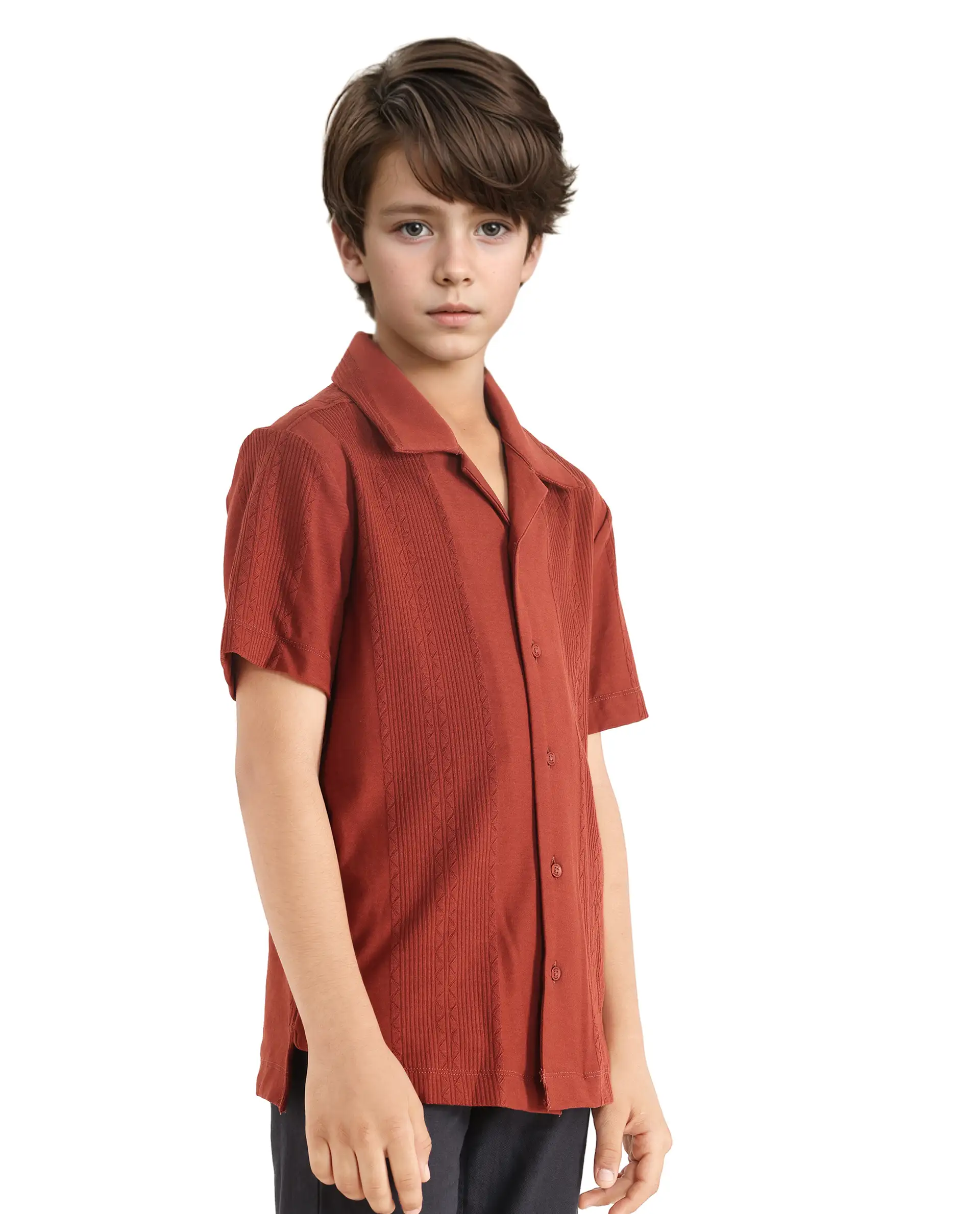 Rare Ones Kids Zinon Rust Cotton Full Sleeve Cuban Collar Jacquard Shirt - Image 6