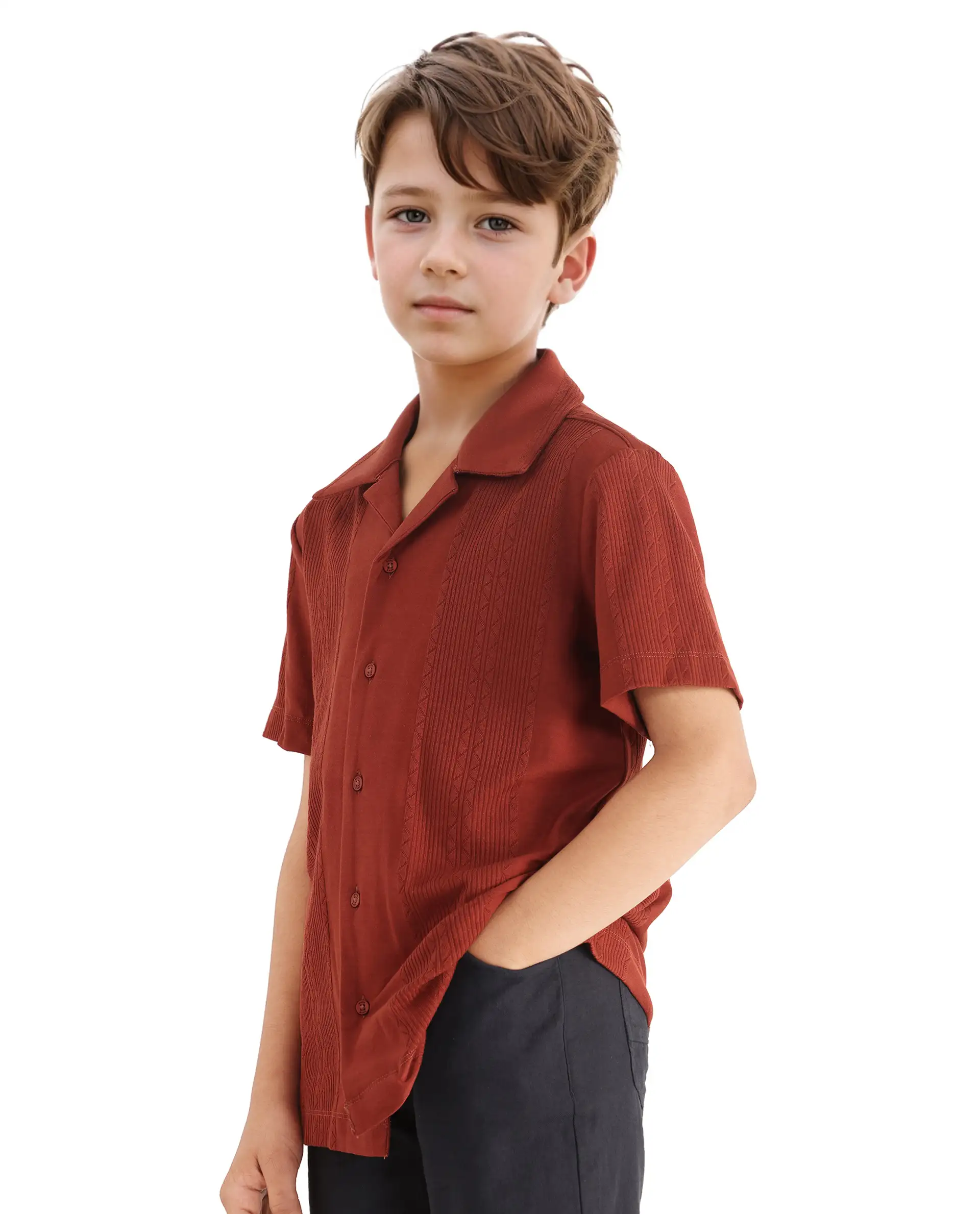 Rare Ones Kids Zinon Rust Cotton Full Sleeve Cuban Collar Jacquard Shirt - Image 7