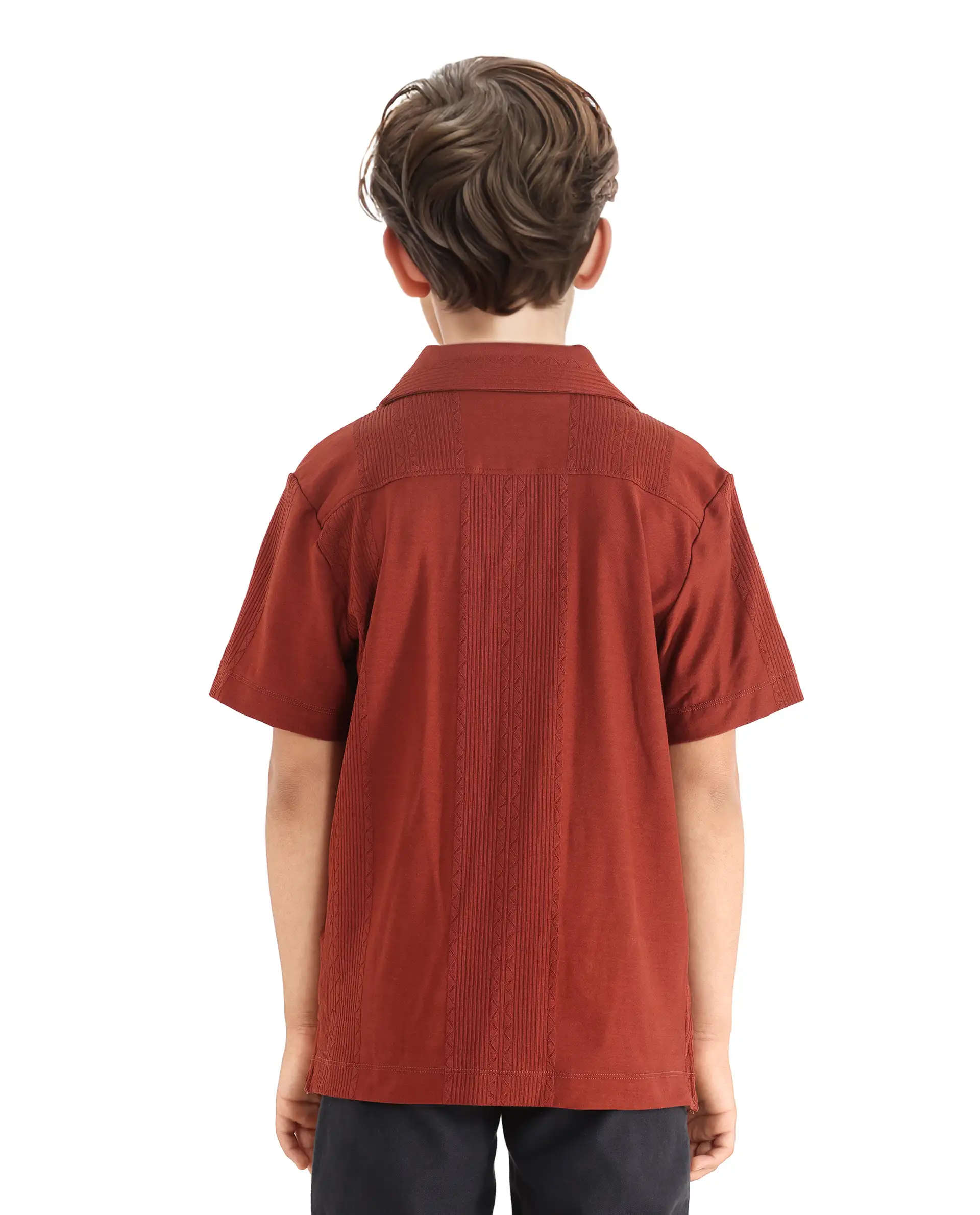 Rare Ones Kids Zinon Rust Cotton Full Sleeve Cuban Collar Jacquard Shirt - Image 8