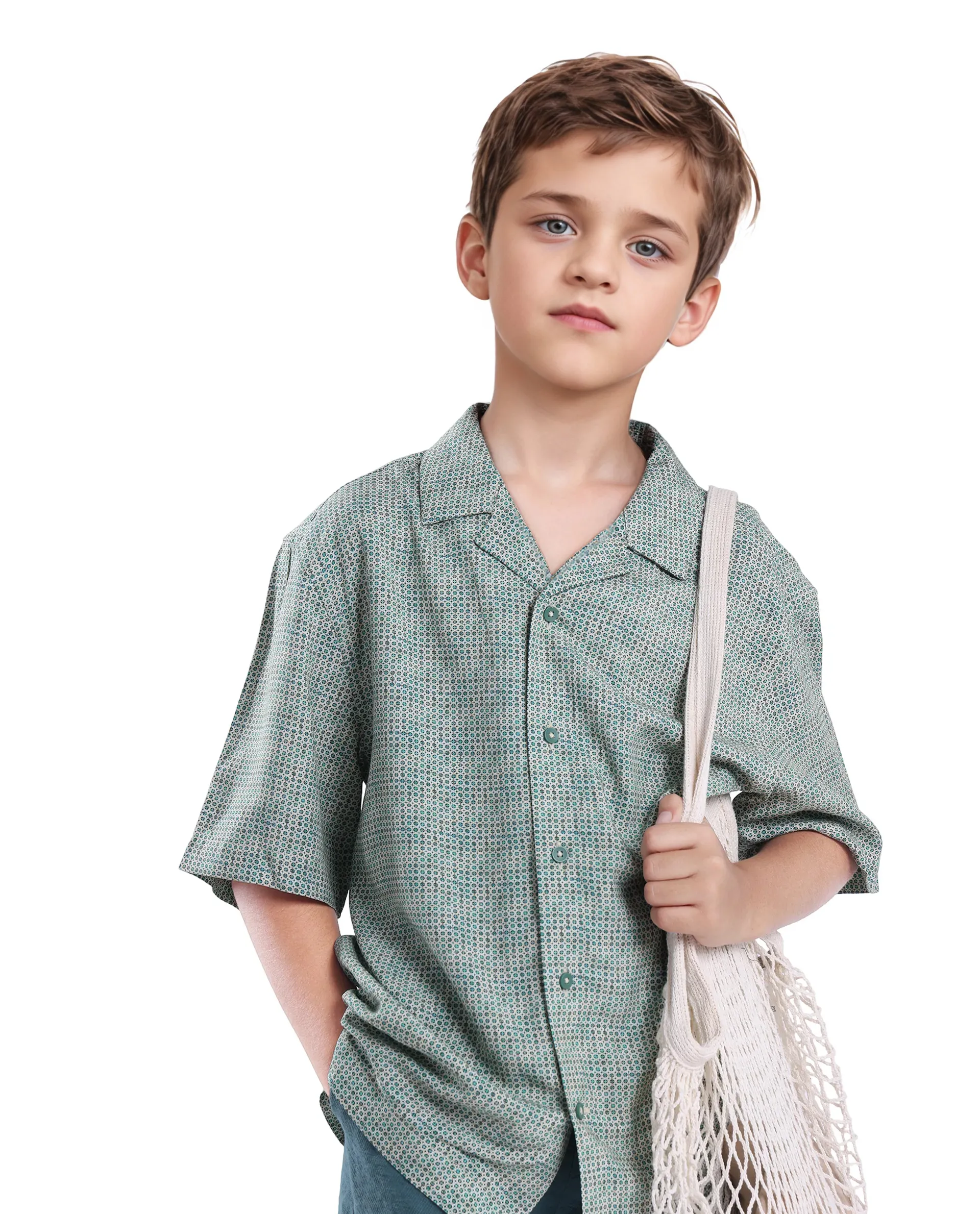 Rare Ones Kids Zyro Green Viscose Rayon Half Sleeve Button Printed Regular Fit Shirt