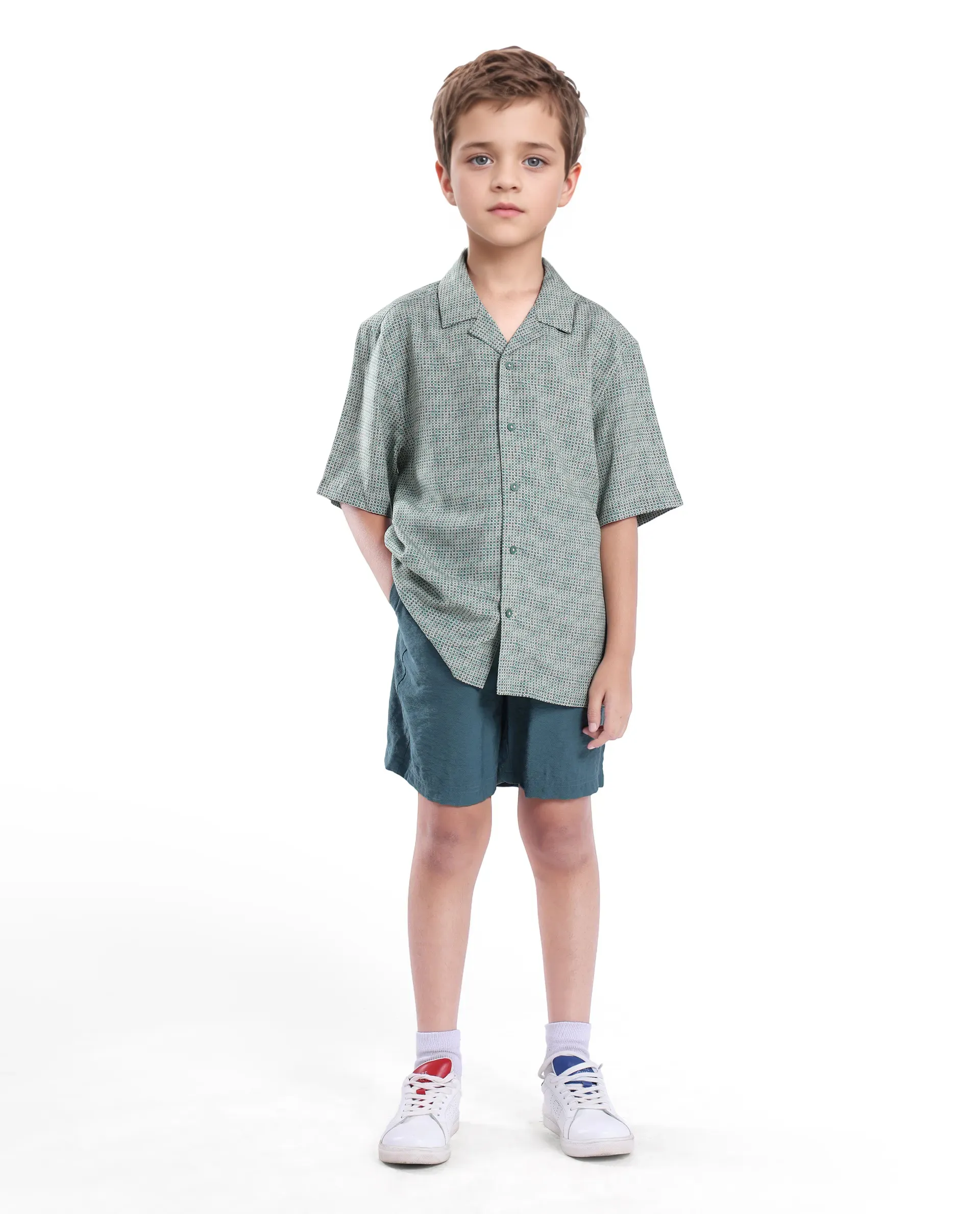 Rare Ones Kids Zyro Green Viscose Rayon Half Sleeve Button Printed Regular Fit Shirt - Image 2