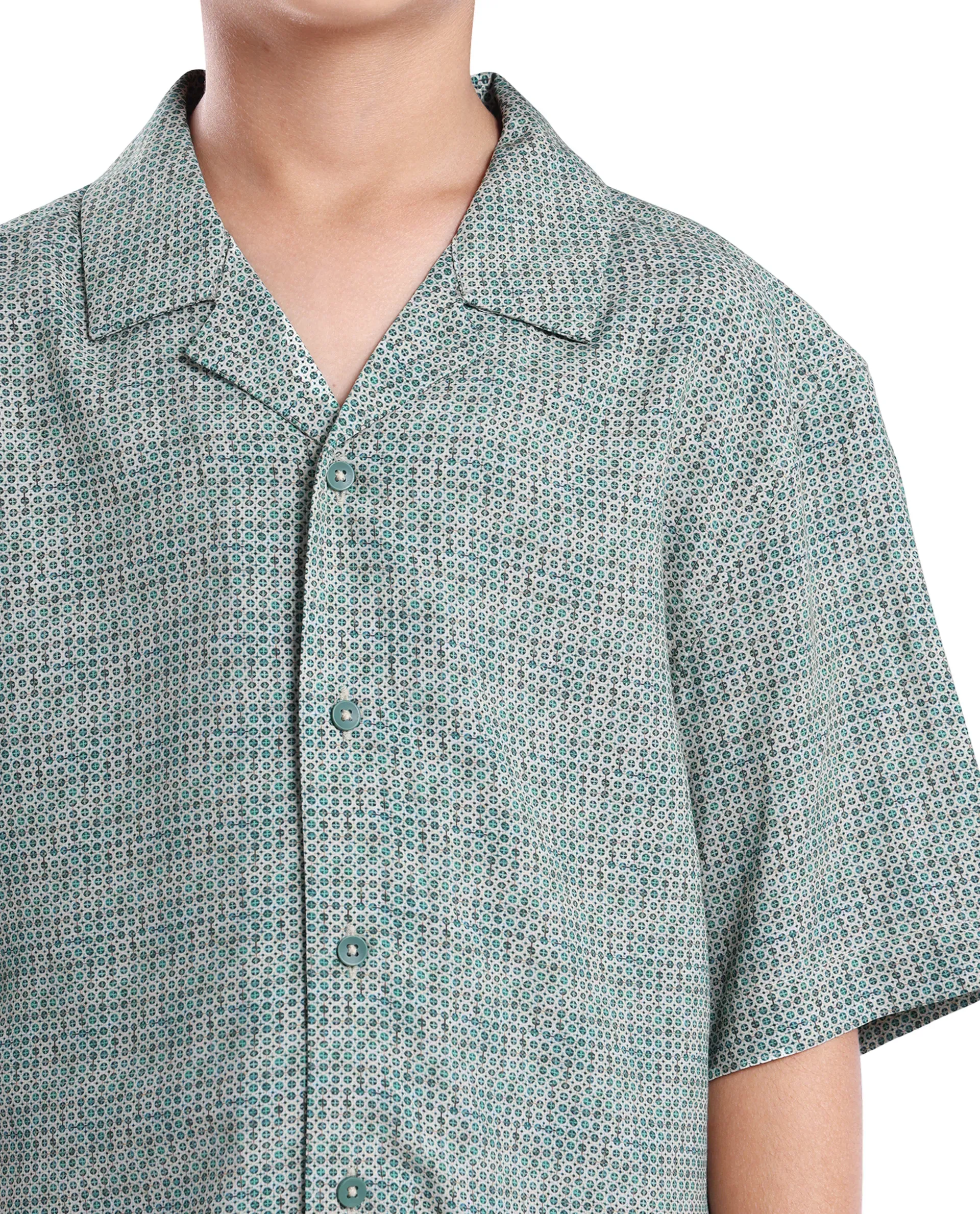 Rare Ones Kids Zyro Green Viscose Rayon Half Sleeve Button Printed Regular Fit Shirt - Image 3