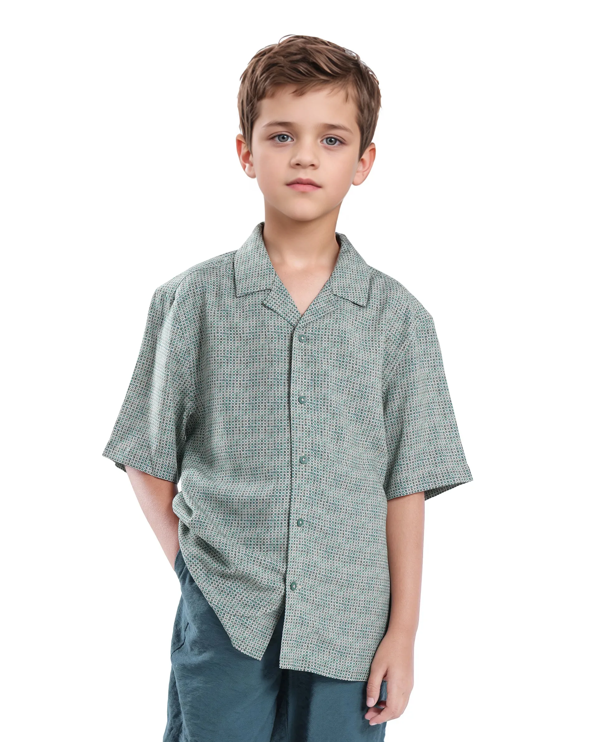 Rare Ones Kids Zyro Green Viscose Rayon Half Sleeve Button Printed Regular Fit Shirt - Image 4