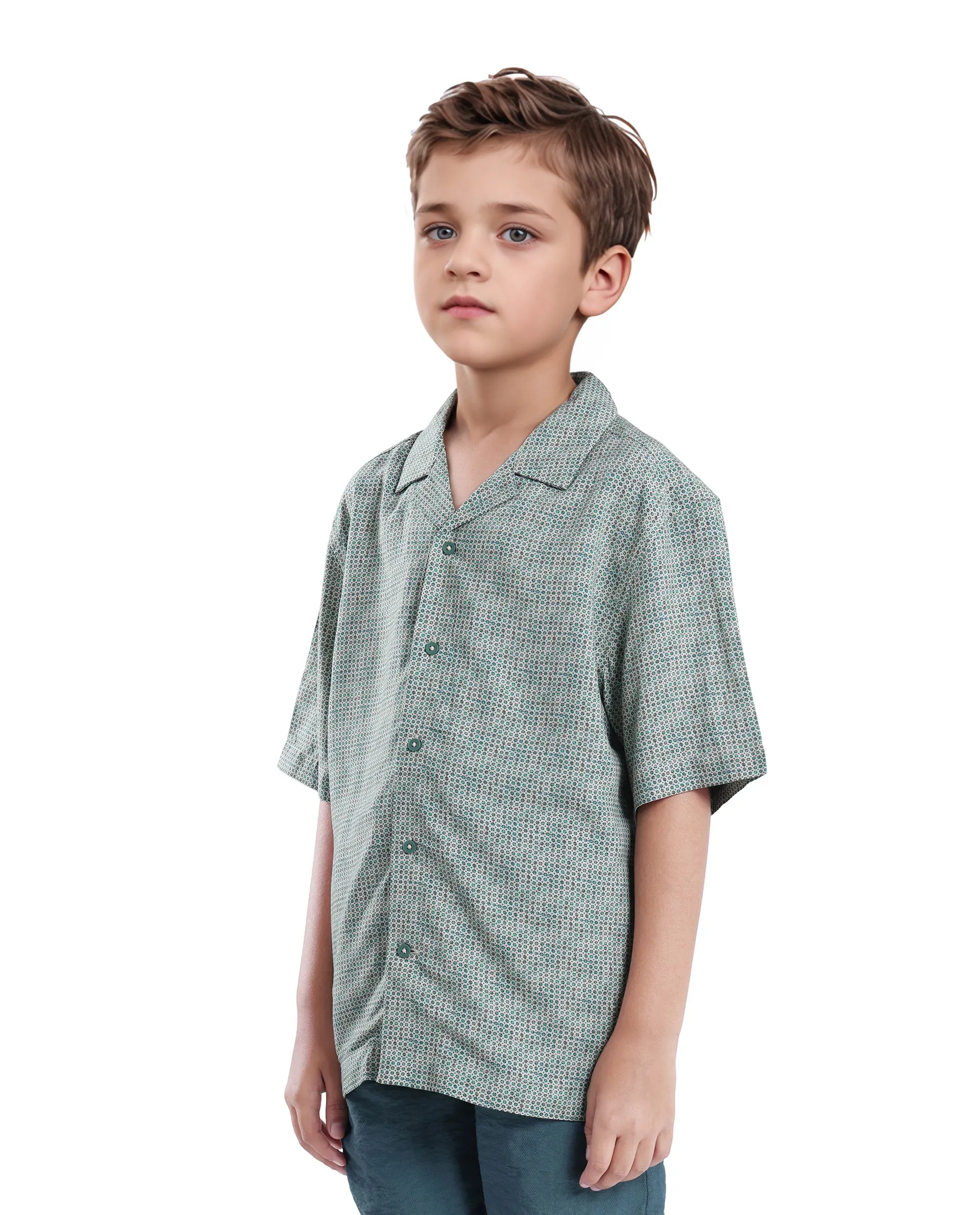 Rare Ones Kids Zyro Green Viscose Rayon Half Sleeve Button Printed Regular Fit Shirt - Image 5