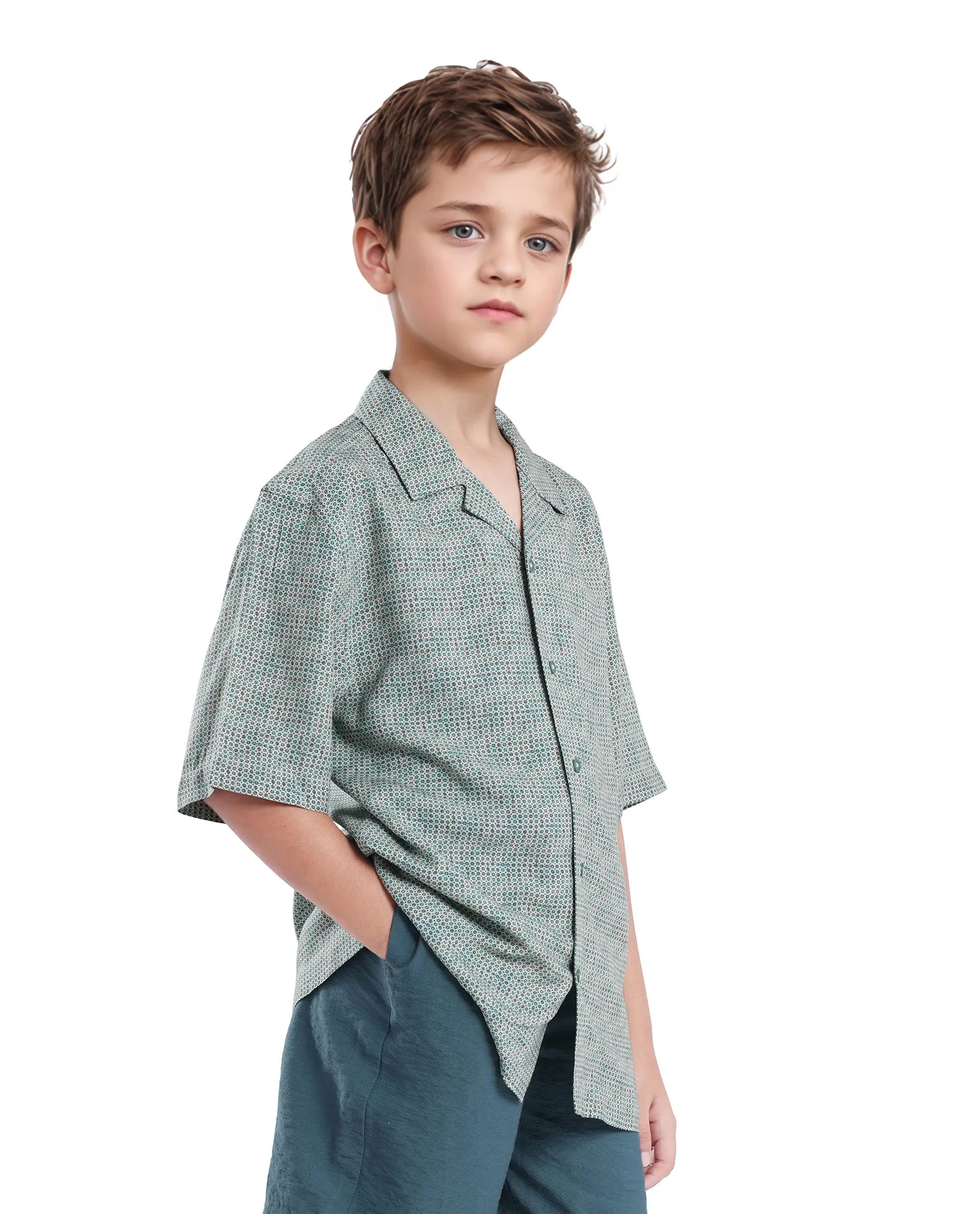 Rare Ones Kids Zyro Green Viscose Rayon Half Sleeve Button Printed Regular Fit Shirt - Image 6