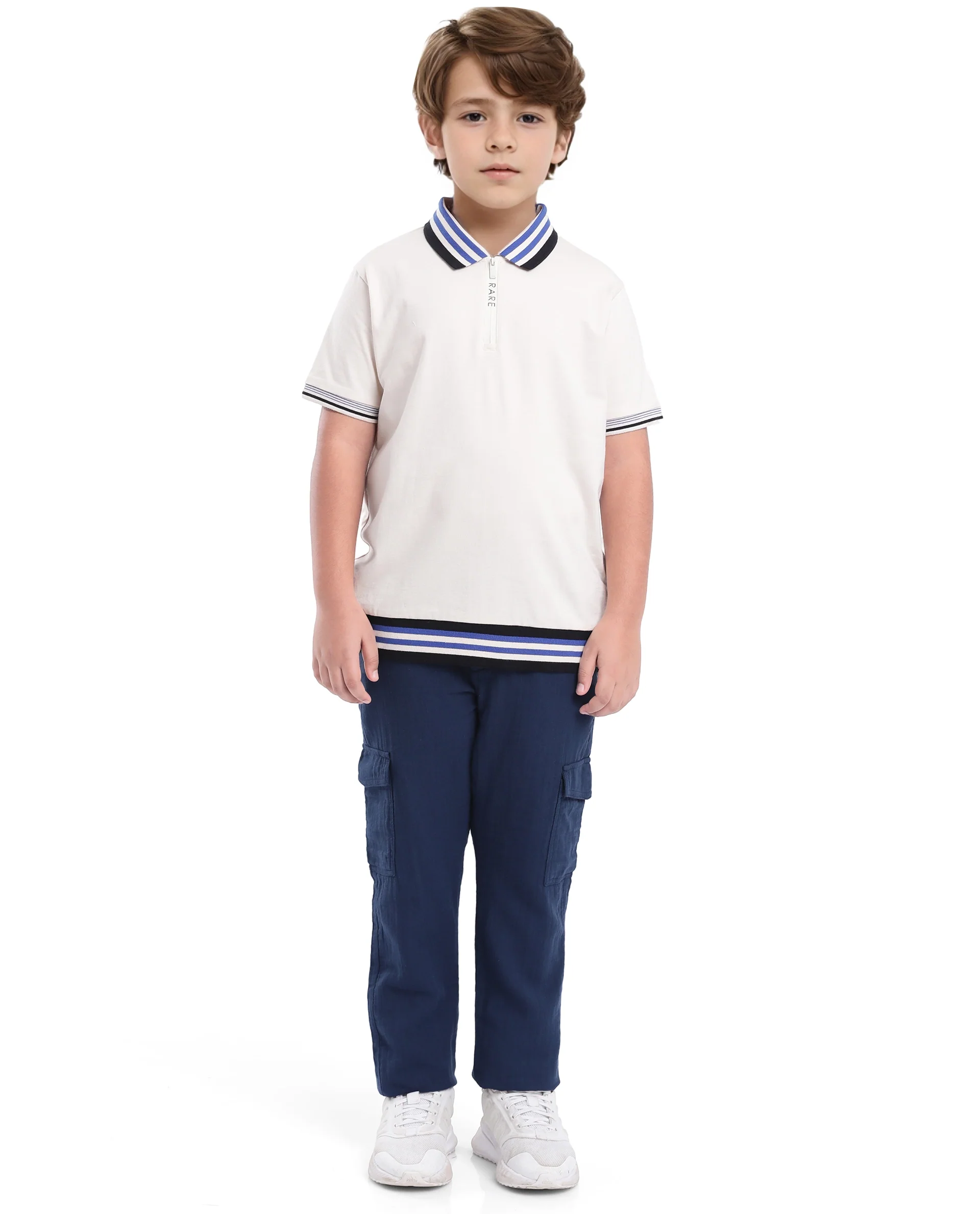 Rare Ones Kids Zyto Off White Cotton Half Sleeves Contrasting Regular Collar Zipper Closure Solid Polo - Image 2