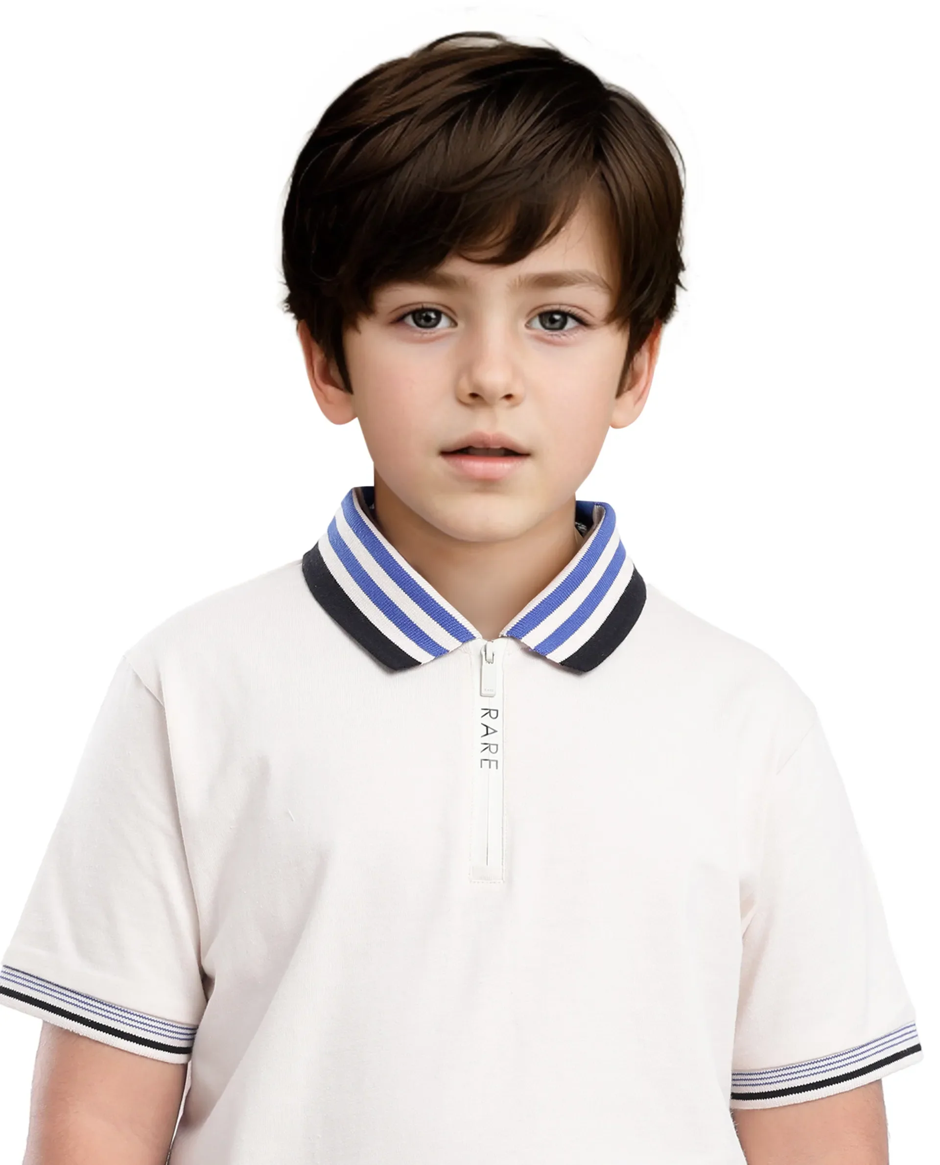 Rare Ones Kids Zyto Off White Cotton Half Sleeves Contrasting Regular Collar Zipper Closure Solid Polo - Image 3