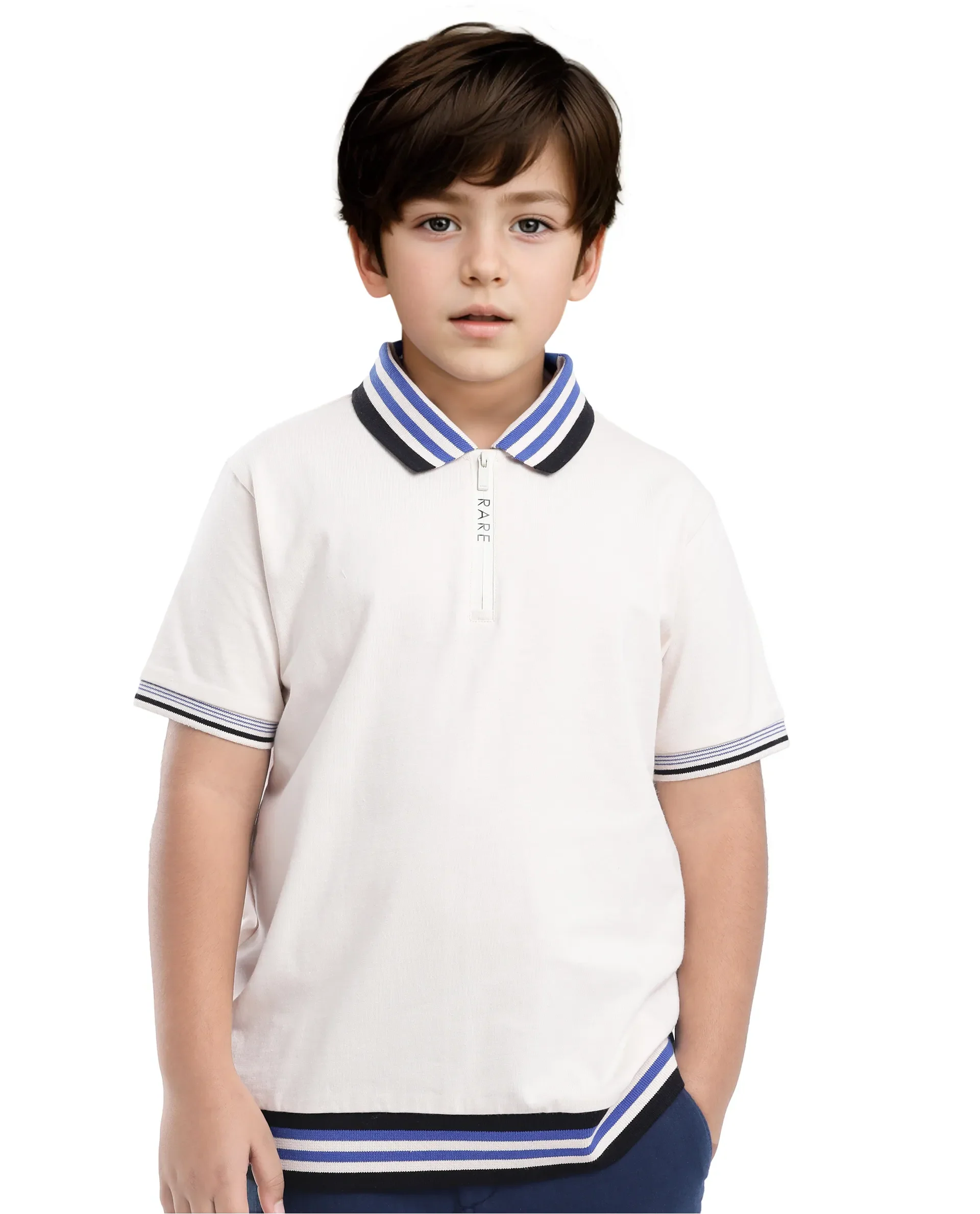 Rare Ones Kids Zyto Off White Cotton Half Sleeves Contrasting Regular Collar Zipper Closure Solid Polo - Image 4