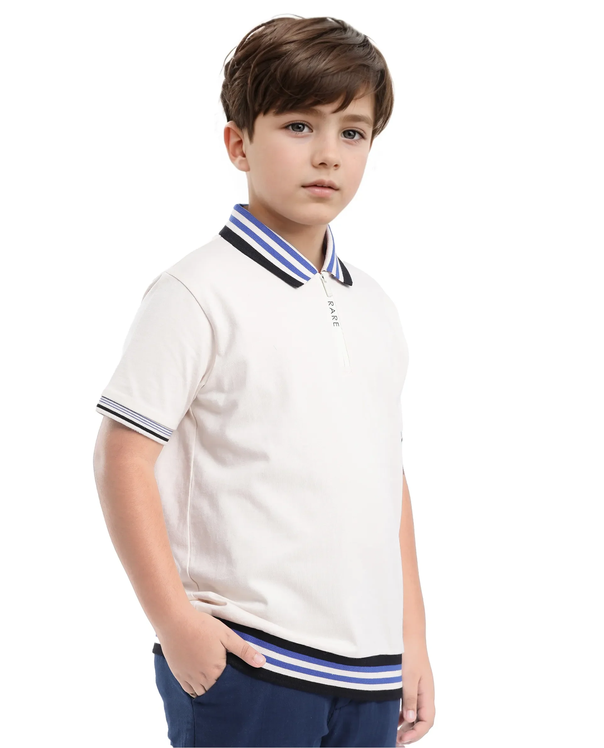 Rare Ones Kids Zyto Off White Cotton Half Sleeves Contrasting Regular Collar Zipper Closure Solid Polo - Image 5