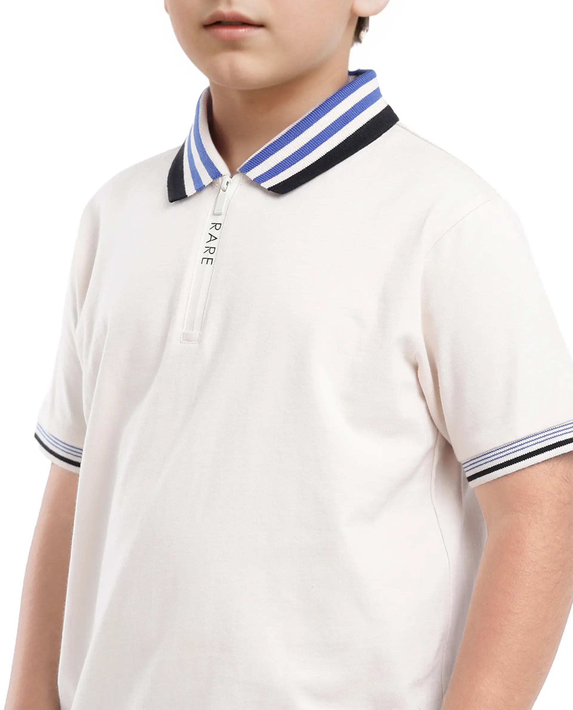 Rare Ones Kids Zyto Off White Cotton Half Sleeves Contrasting Regular Collar Zipper Closure Solid Polo - Image 6