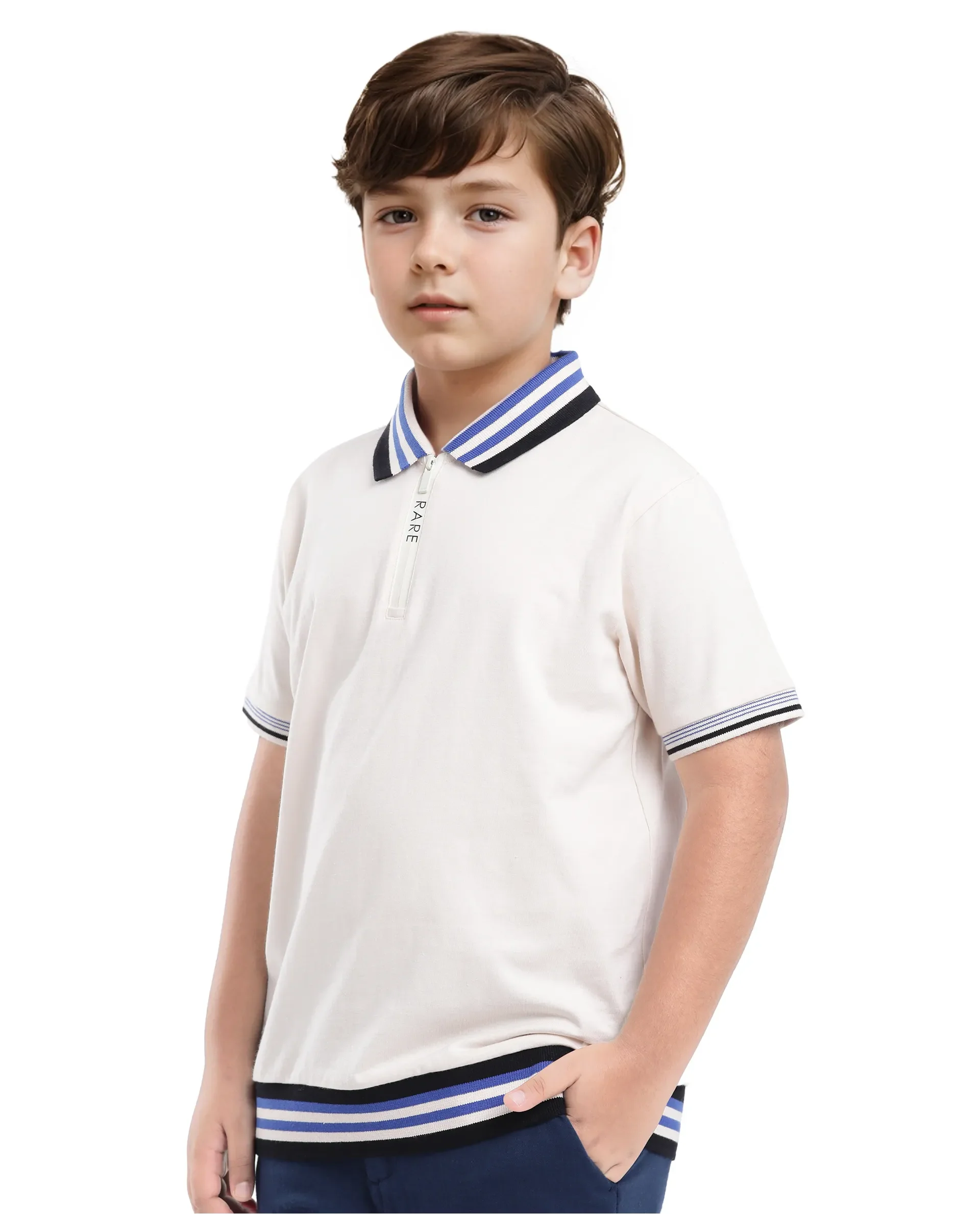 Rare Ones Kids Zyto Off White Cotton Half Sleeves Contrasting Regular Collar Zipper Closure Solid Polo - Image 7