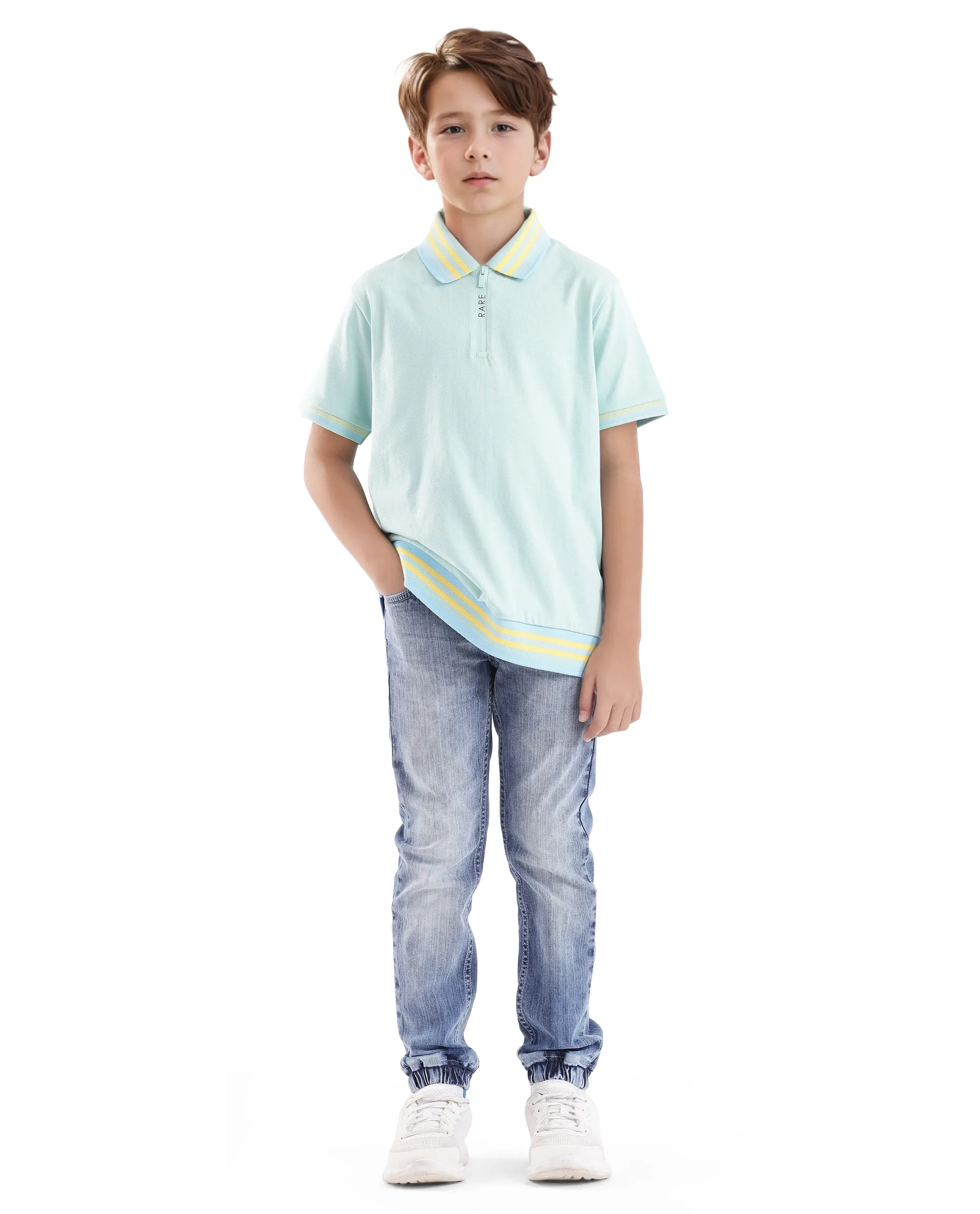 Rare Ones Kids Zyto Pastel Green Cotton Half Sleeves Contrasting Regular Collar Zipper Closure Solid Polo - Image 2