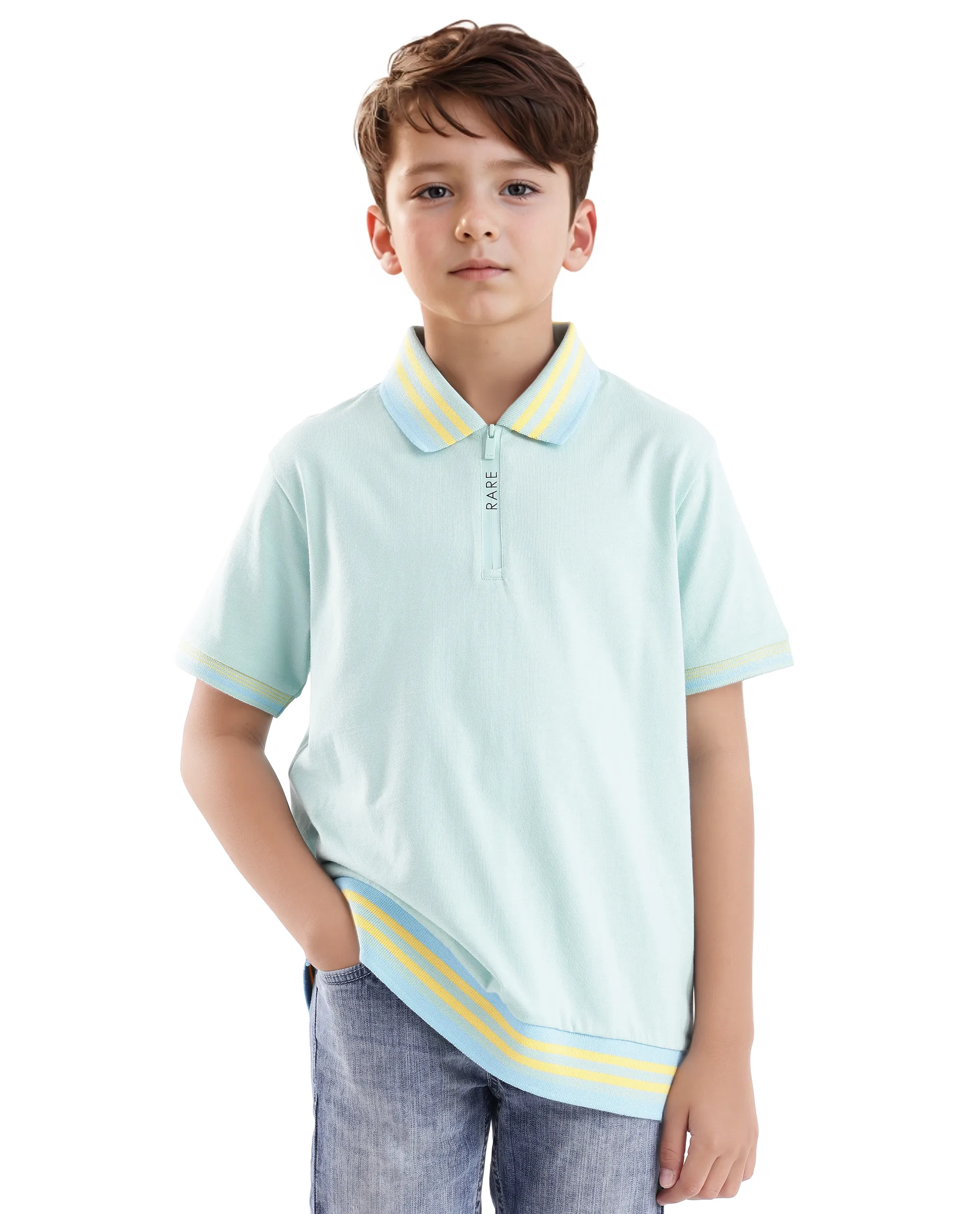 Rare Ones Kids Zyto Pastel Green Cotton Half Sleeves Contrasting Regular Collar Zipper Closure Solid Polo - Image 3