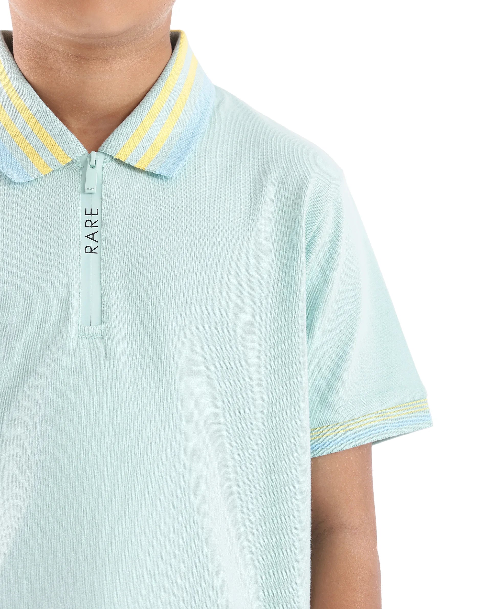 Rare Ones Kids Zyto Pastel Green Cotton Half Sleeves Contrasting Regular Collar Zipper Closure Solid Polo - Image 4