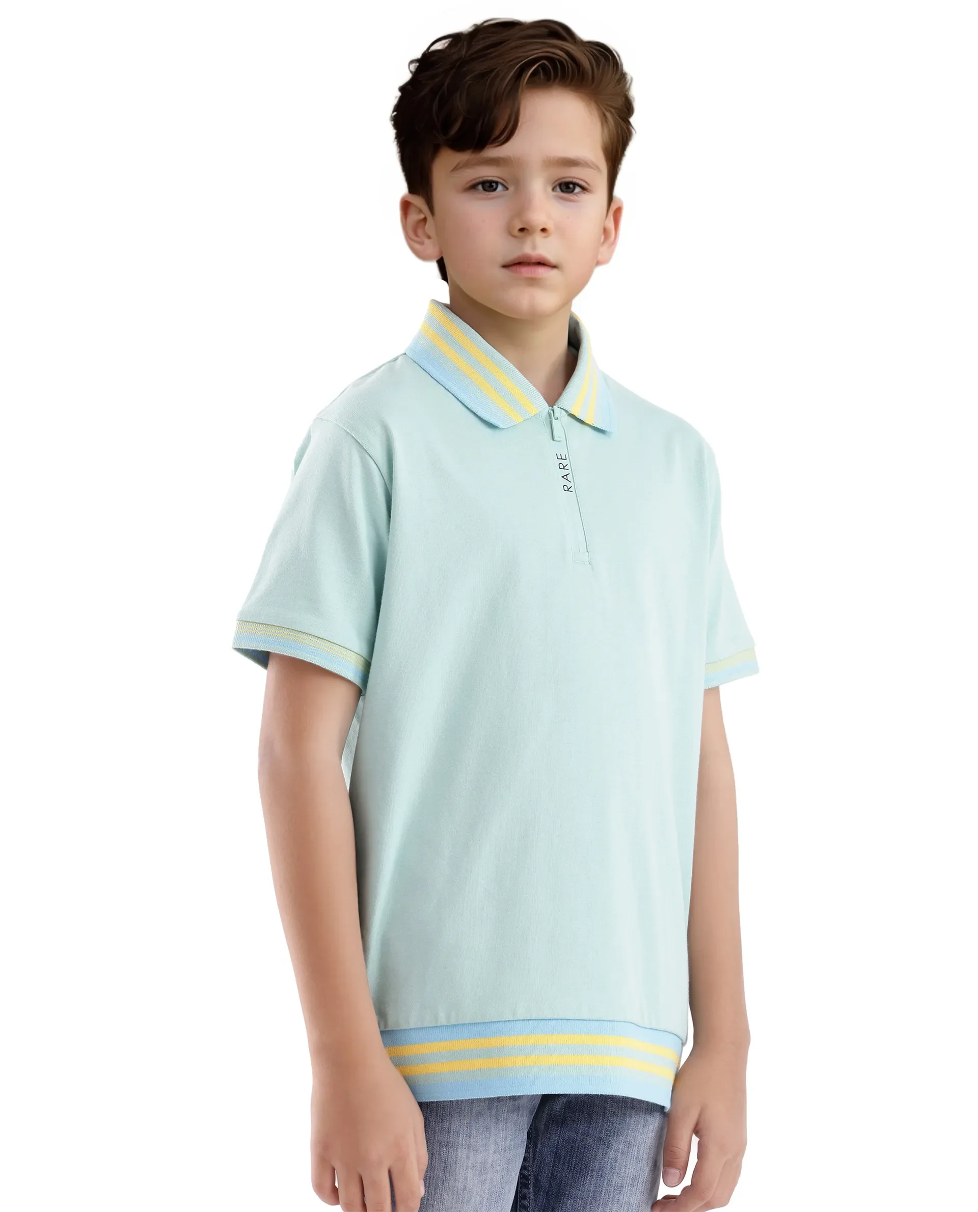 Rare Ones Kids Zyto Pastel Green Cotton Half Sleeves Contrasting Regular Collar Zipper Closure Solid Polo - Image 5
