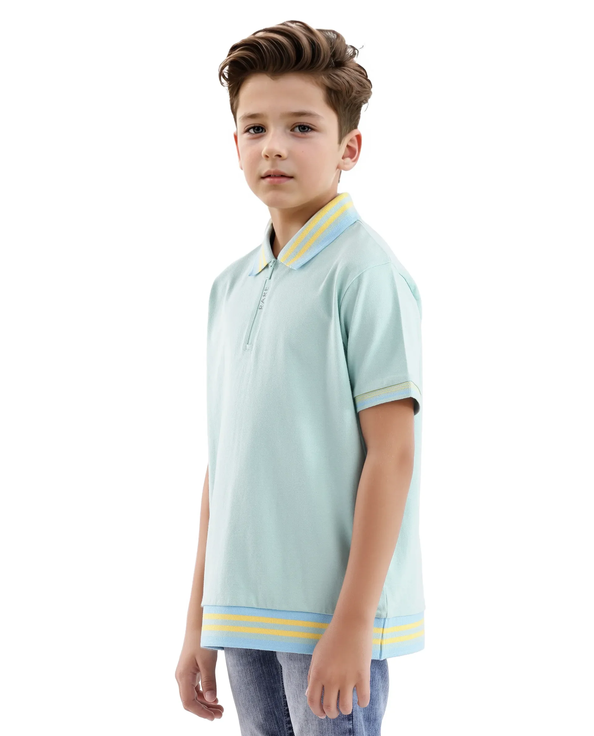 Rare Ones Kids Zyto Pastel Green Cotton Half Sleeves Contrasting Regular Collar Zipper Closure Solid Polo - Image 6