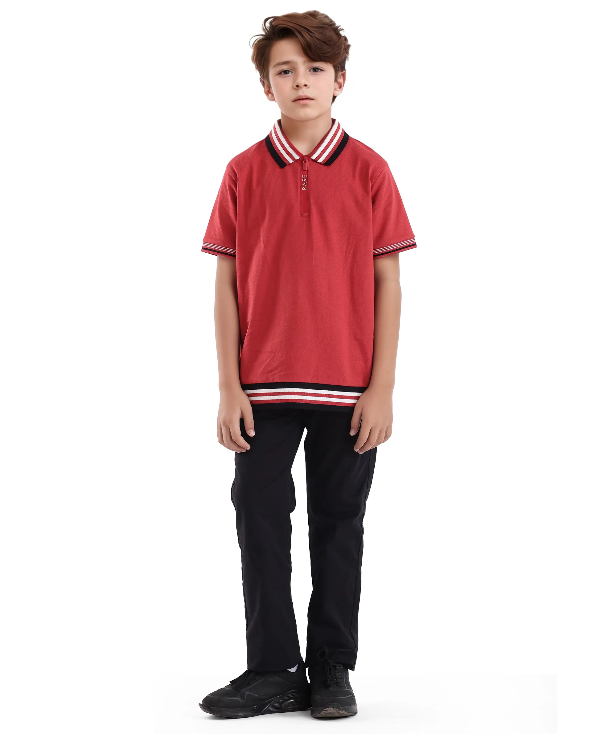 Rare Ones Kids Zyto Red Cotton Half Sleeves Contrasting Regular Collar Zipper Closure Solid Polo - Image 2