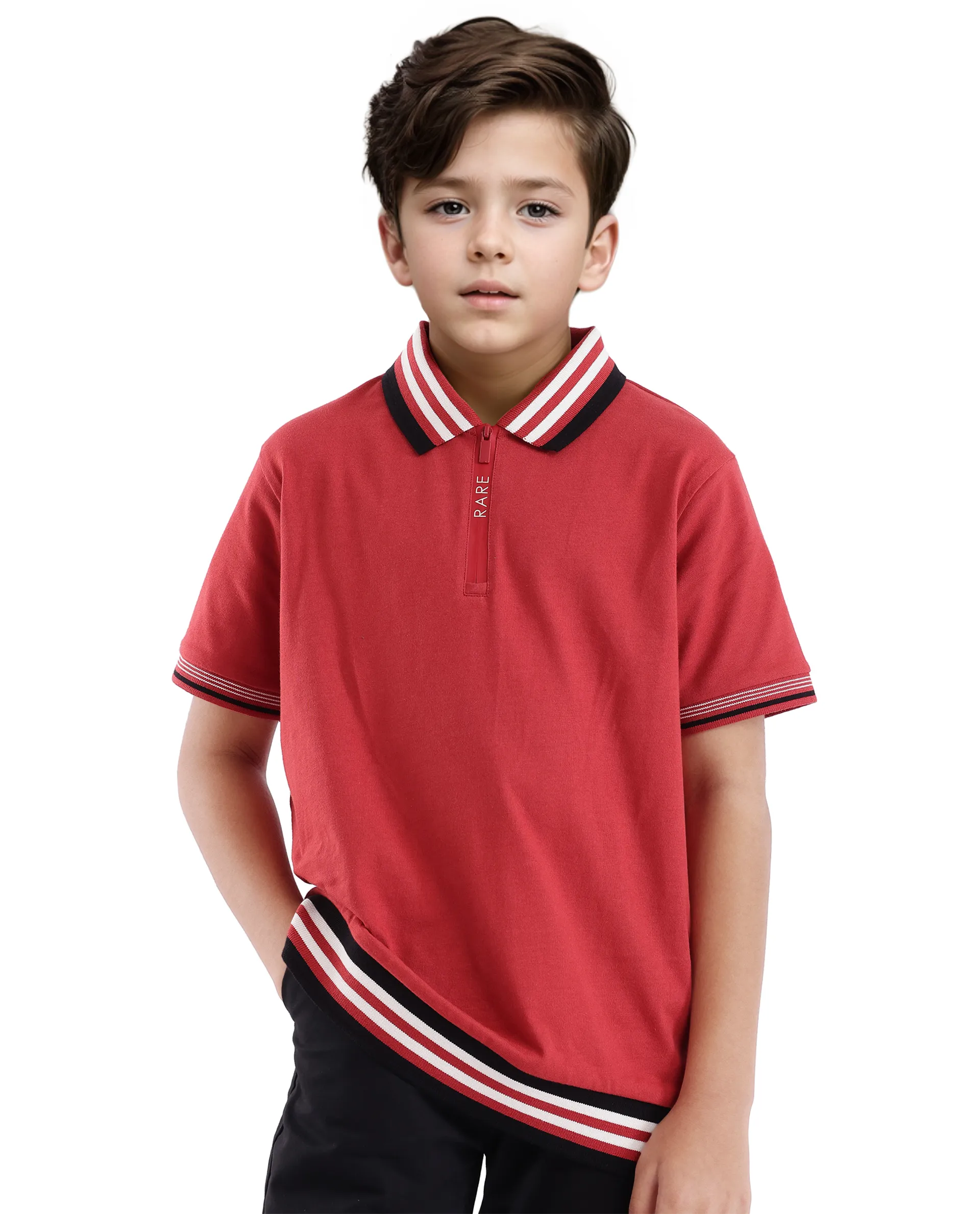 Rare Ones Kids Zyto Red Cotton Half Sleeves Contrasting Regular Collar Zipper Closure Solid Polo - Image 3