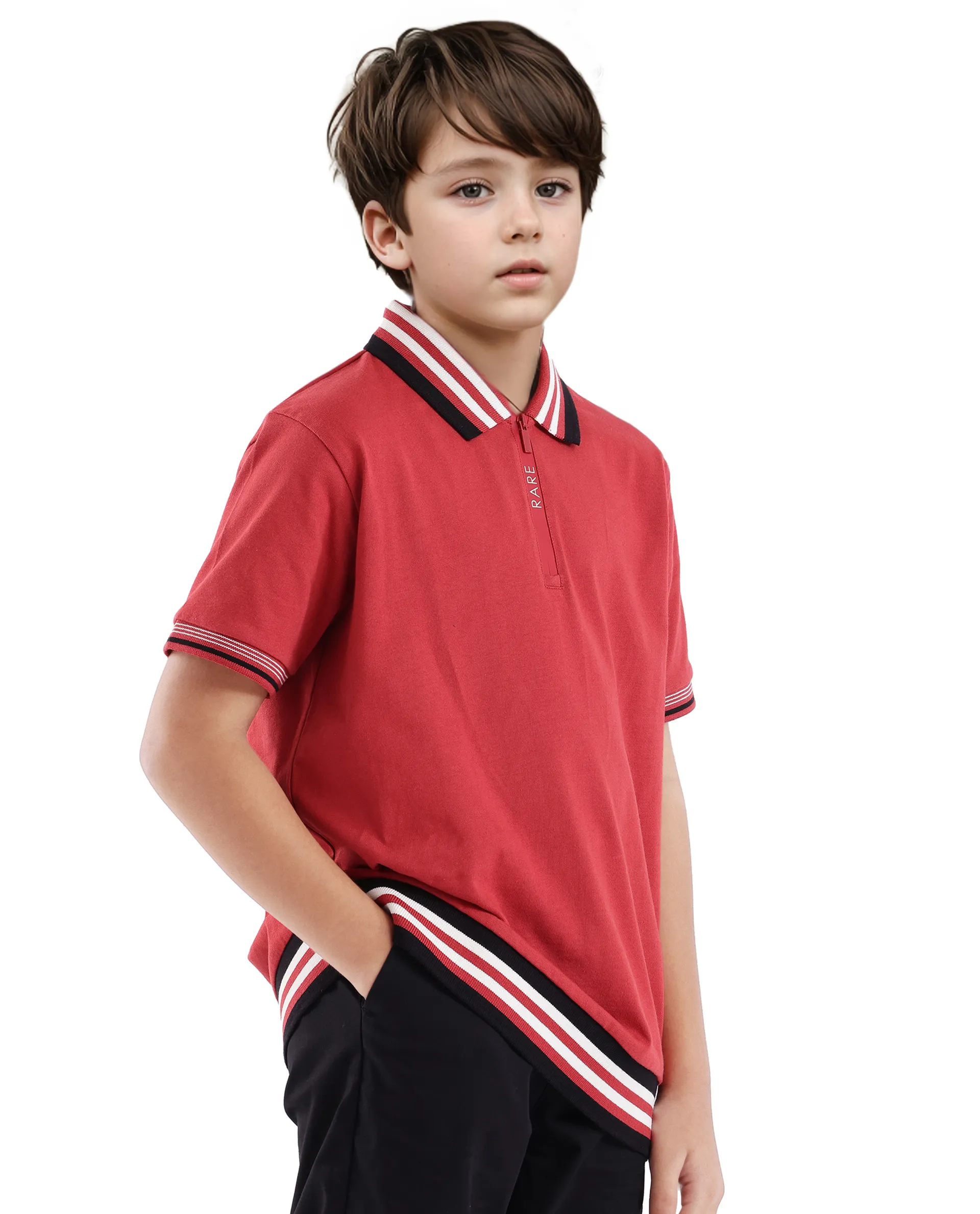 Rare Ones Kids Zyto Red Cotton Half Sleeves Contrasting Regular Collar Zipper Closure Solid Polo - Image 4