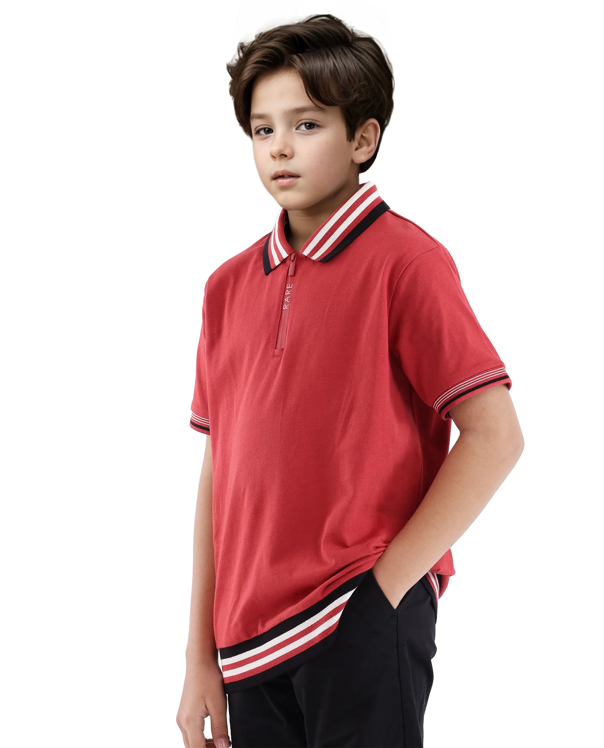 Rare Ones Kids Zyto Red Cotton Half Sleeves Contrasting Regular Collar Zipper Closure Solid Polo - Image 5