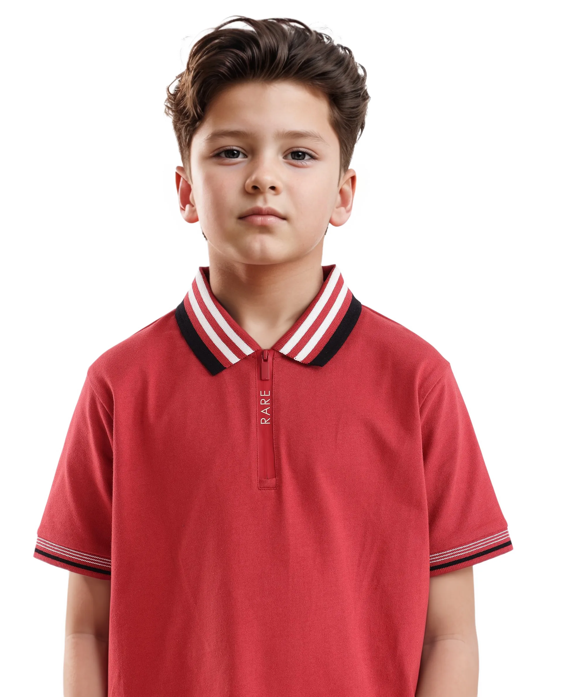 Rare Ones Kids Zyto Red Cotton Half Sleeves Contrasting Regular Collar Zipper Closure Solid Polo - Image 6