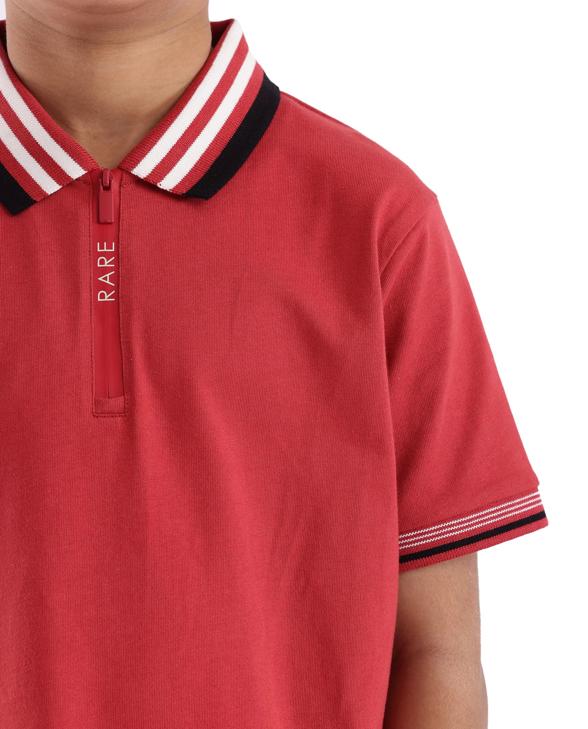 Rare Ones Kids Zyto Red Cotton Half Sleeves Contrasting Regular Collar Zipper Closure Solid Polo - Image 7