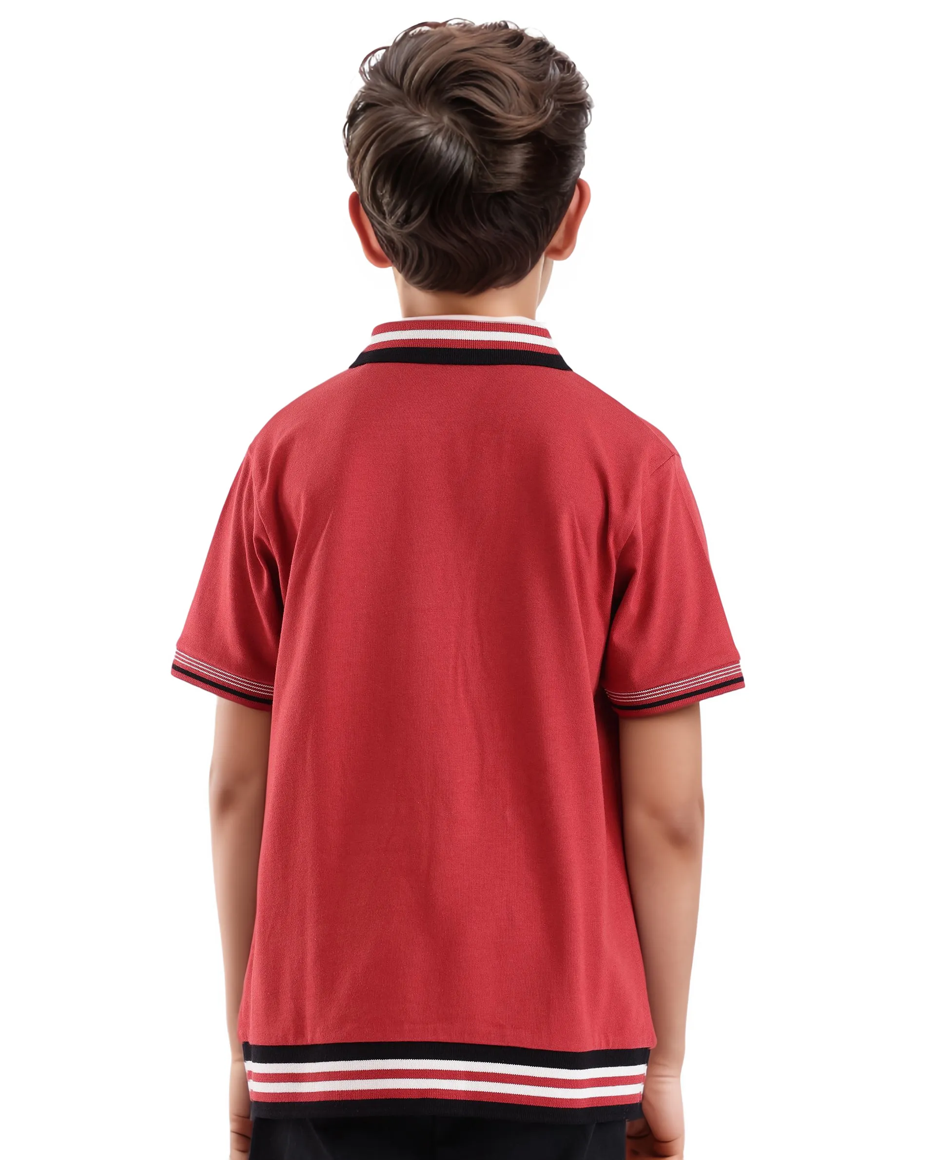 Rare Ones Kids Zyto Red Cotton Half Sleeves Contrasting Regular Collar Zipper Closure Solid Polo - Image 8