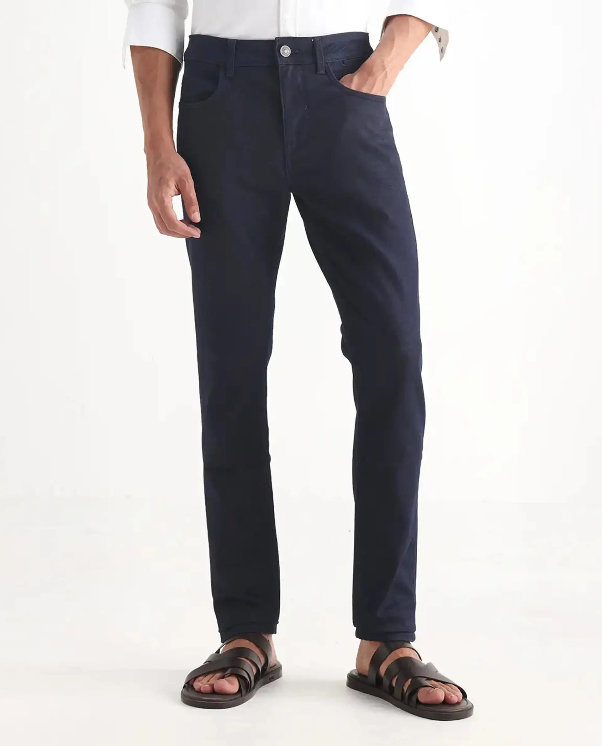 Rare Rabbit Men's Kiel Navy Cotton Plain Morris Regular Fit Jeans - Image 10