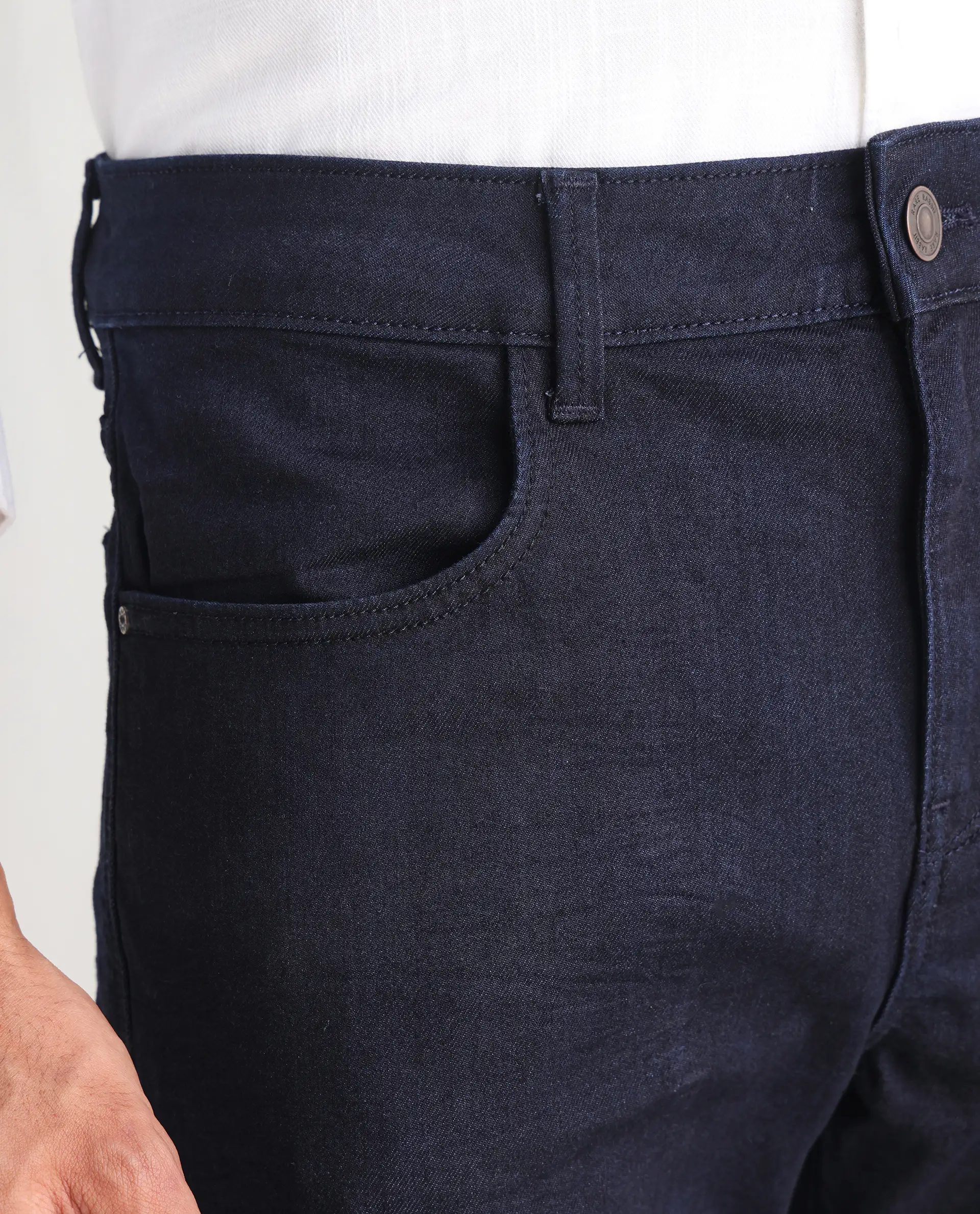 Rare Rabbit Men's Kiel Navy Cotton Plain Morris Regular Fit Jeans - Image 6