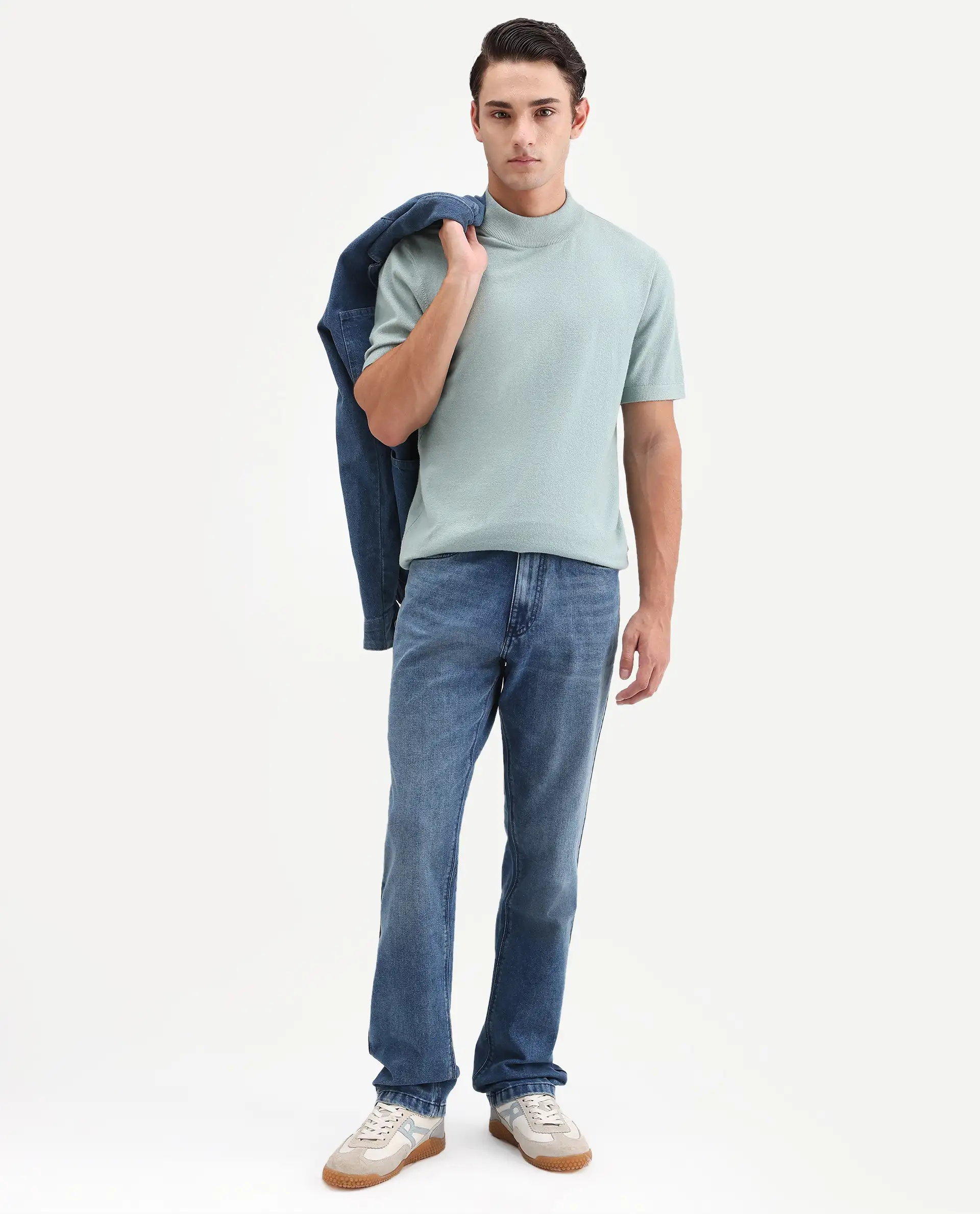 Rare Rabbit Men's Kien Blue Cotton Blend Fabric Shank And Zipper Morris Regular Plain Jeans
