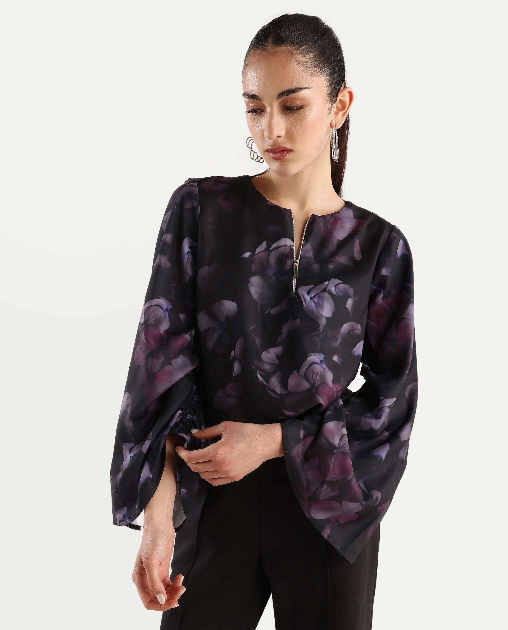 Rareism Women's Kiko Multi Polyester Crew Neck Floral Print Volume Sleeve Regular Fit Top - Image 3