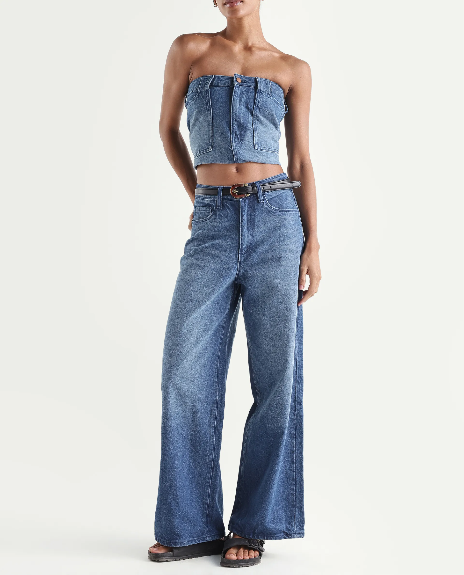 Rareism Women's Kikoi Blue Cotton Blend Plain Ankle Length Effortless Sculpt high wide Jeans - Image 2