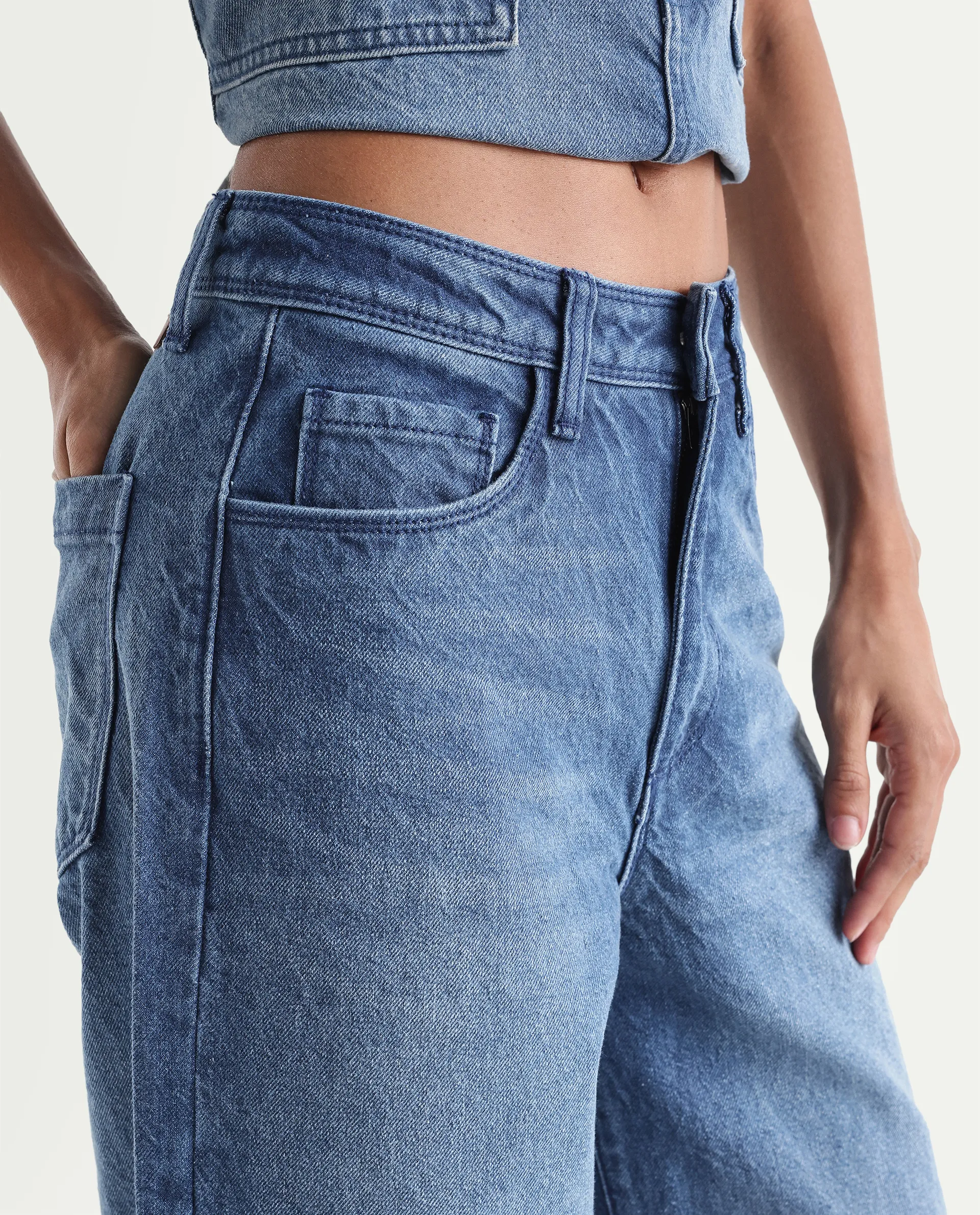 Rareism Women's Kikoi Blue Cotton Blend Plain Ankle Length Effortless Sculpt high wide Jeans - Image 3