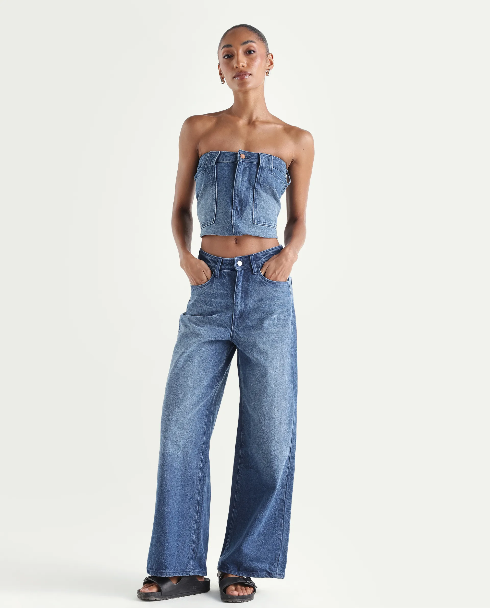 Rareism Women's Kikoi Blue Cotton Blend Plain Ankle Length Effortless Sculpt high wide Jeans - Image 4