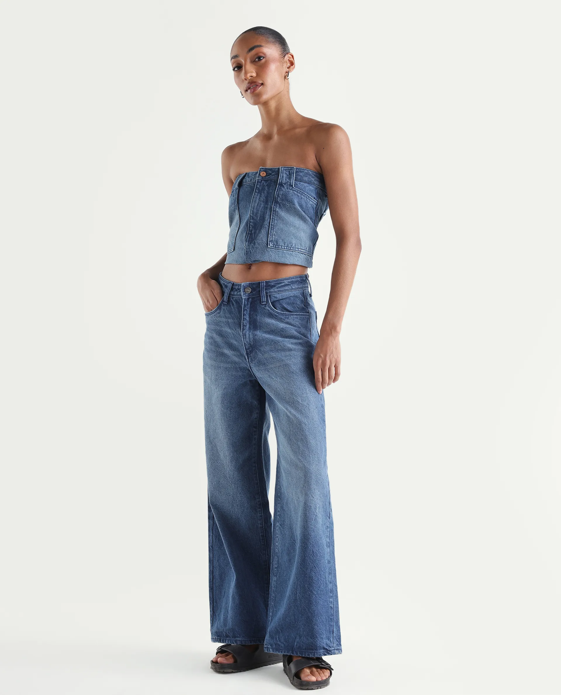 Rareism Women's Kikoi Blue Cotton Blend Plain Ankle Length Effortless Sculpt high wide Jeans - Image 5