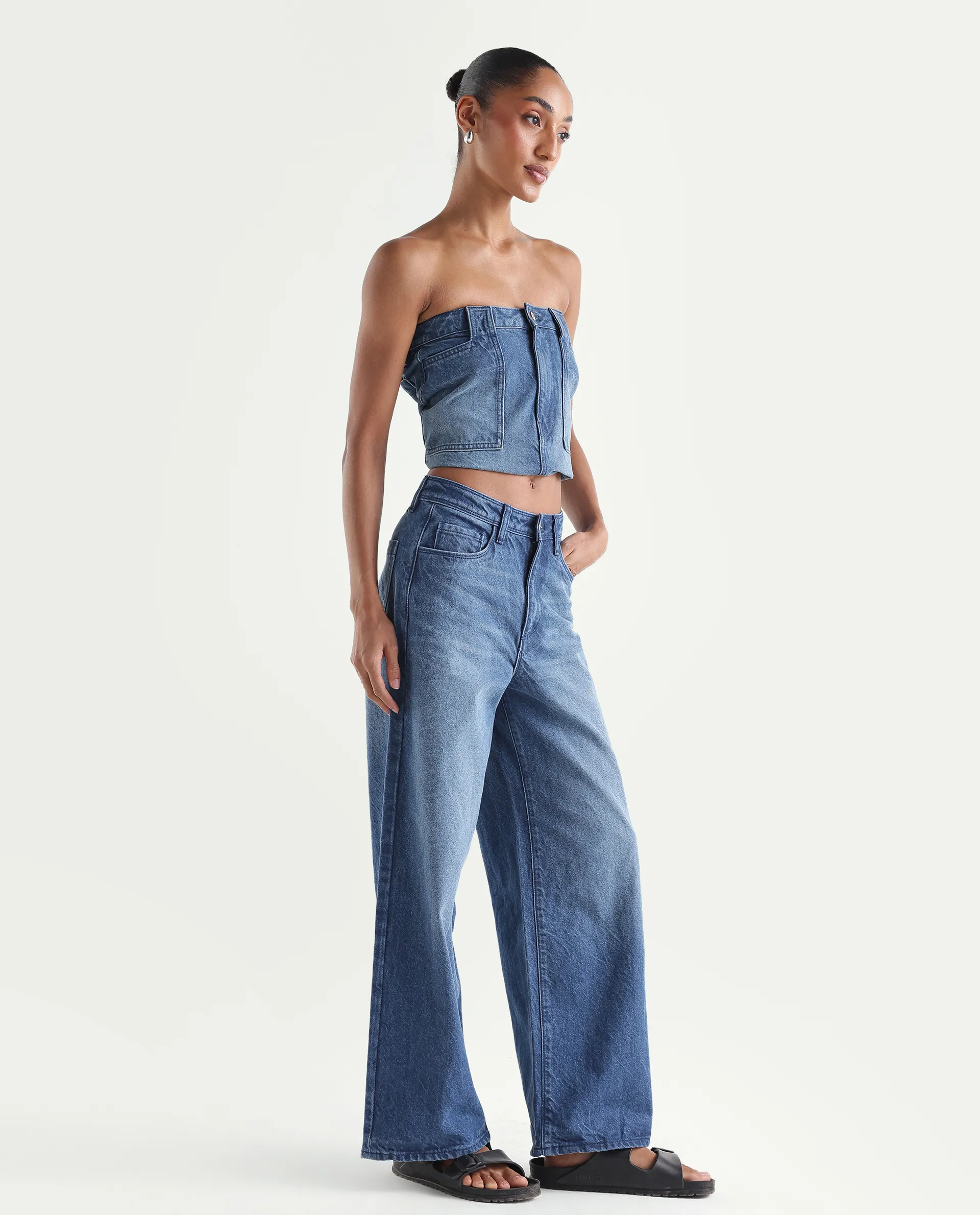 Rareism Women's Kikoi Blue Cotton Blend Plain Ankle Length Effortless Sculpt high wide Jeans - Image 6