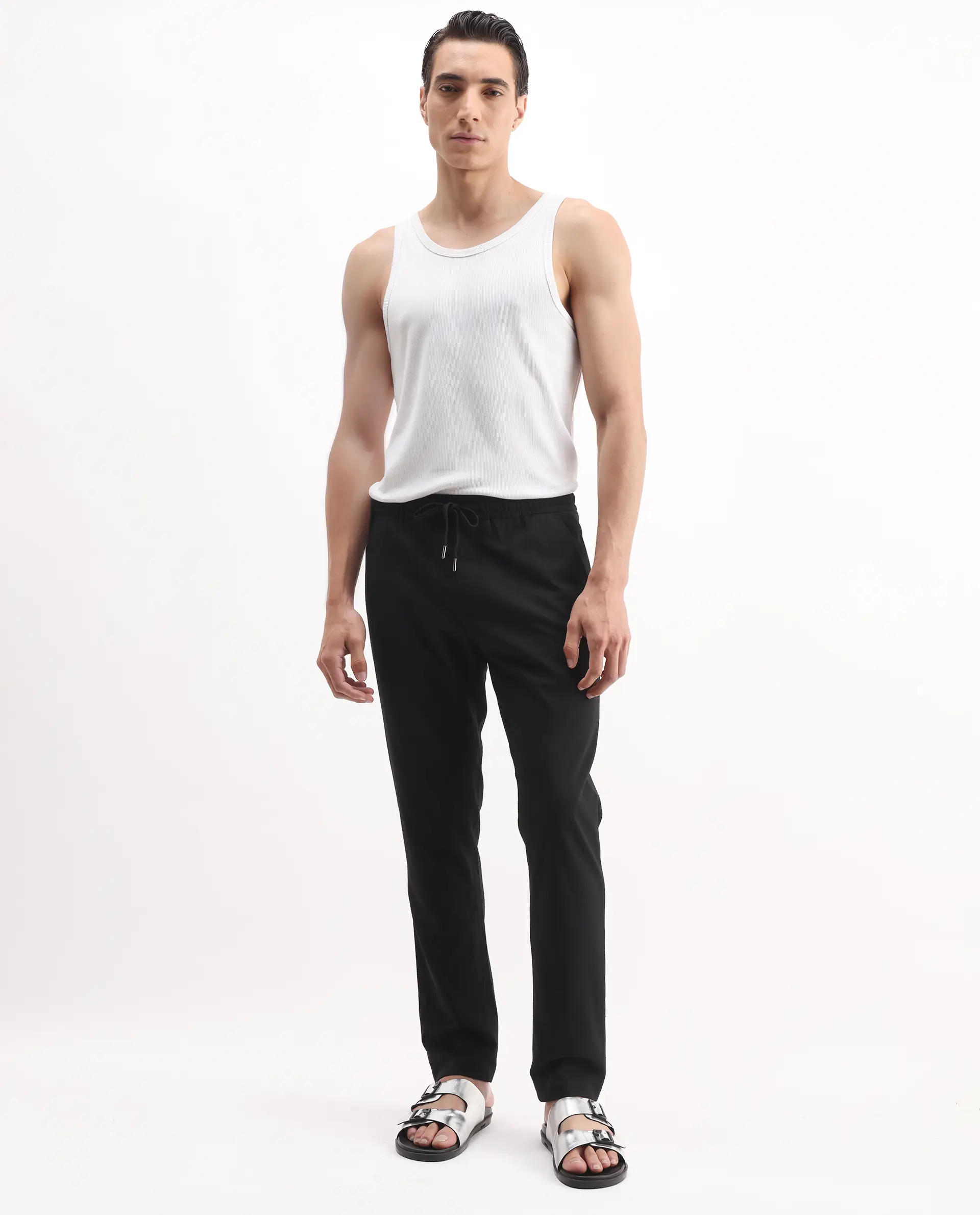 Rare Rabbit Men's Kikos-B Black Polyester Plain Regular Fit Trouser - Image 4