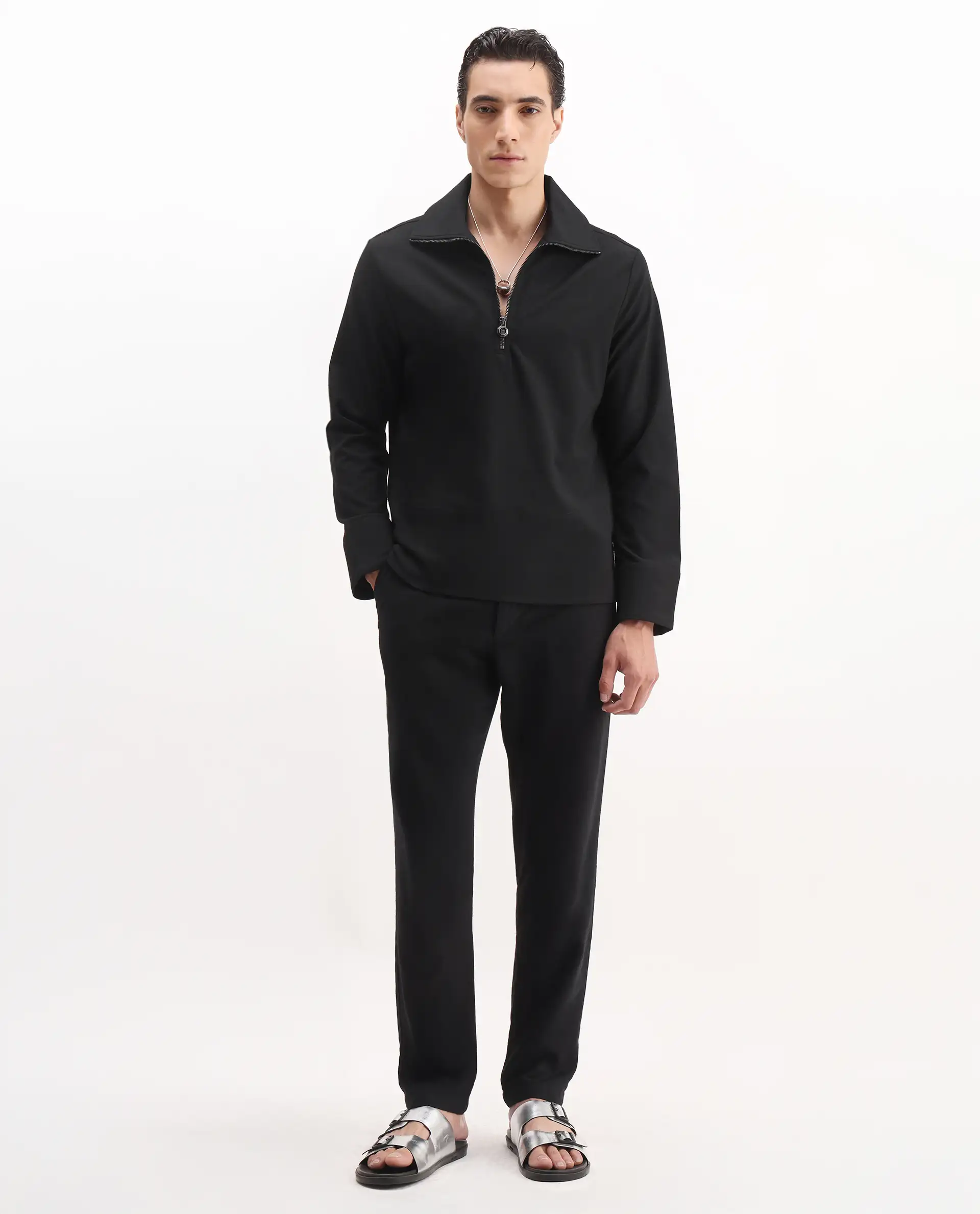 Rare Rabbit Men's Kikos-T Black Polyester Blend Plain Relaxed Fit Full Sleeve Collared Shaket - Image 2