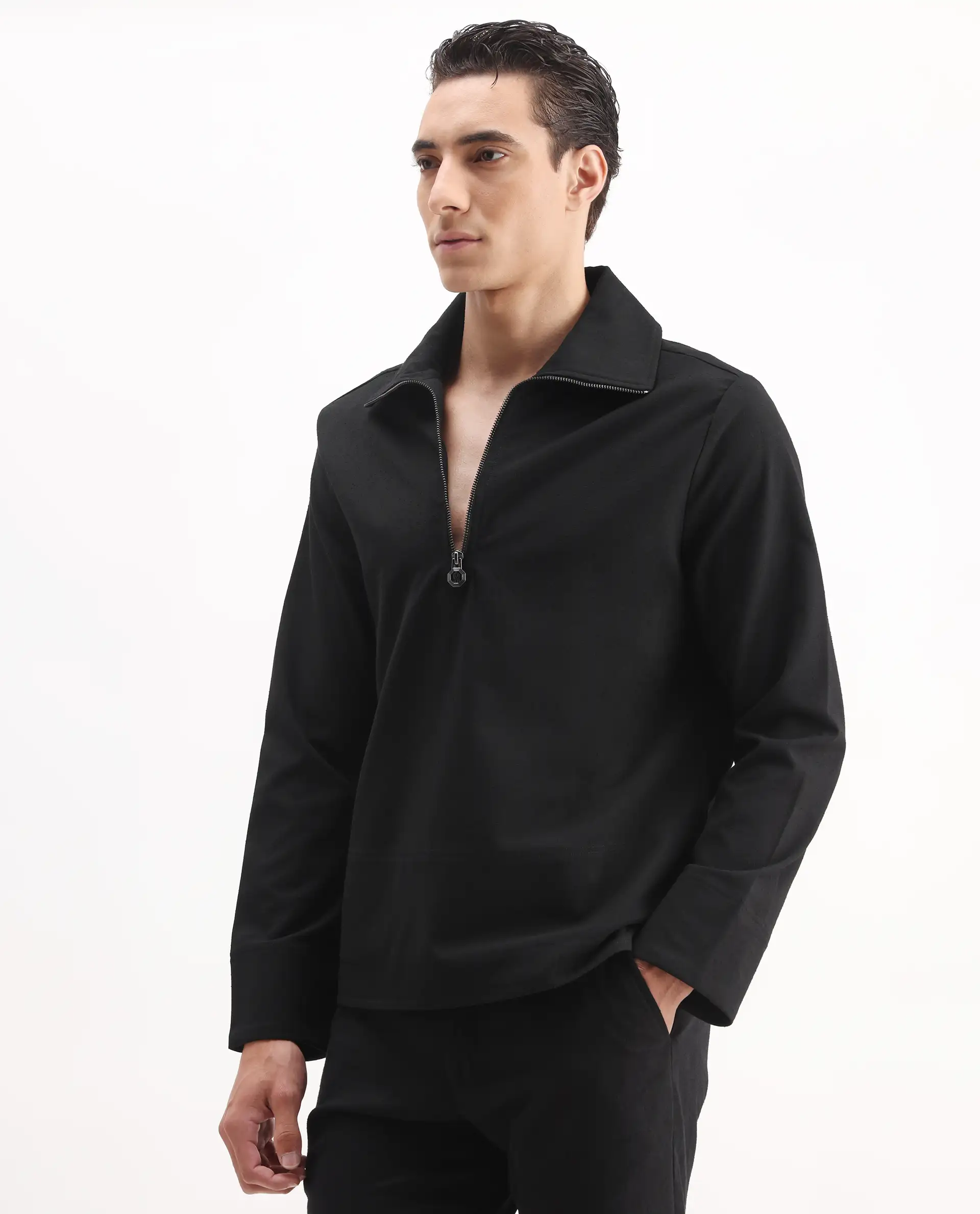 Rare Rabbit Men's Kikos-T Black Polyester Blend Plain Relaxed Fit Full Sleeve Collared Shaket - Image 3