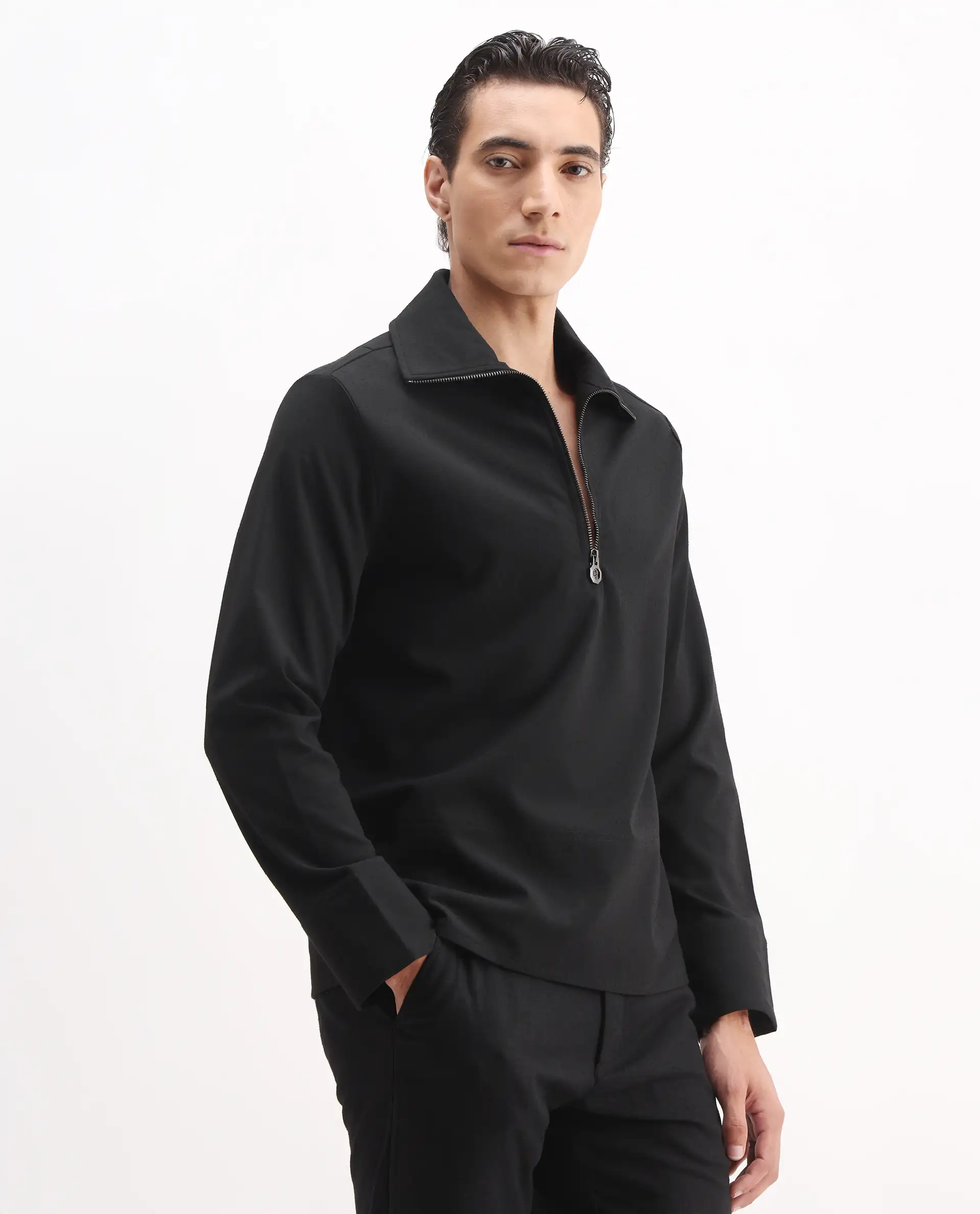 Rare Rabbit Men's Kikos-T Black Polyester Blend Plain Relaxed Fit Full Sleeve Collared Shaket - Image 4