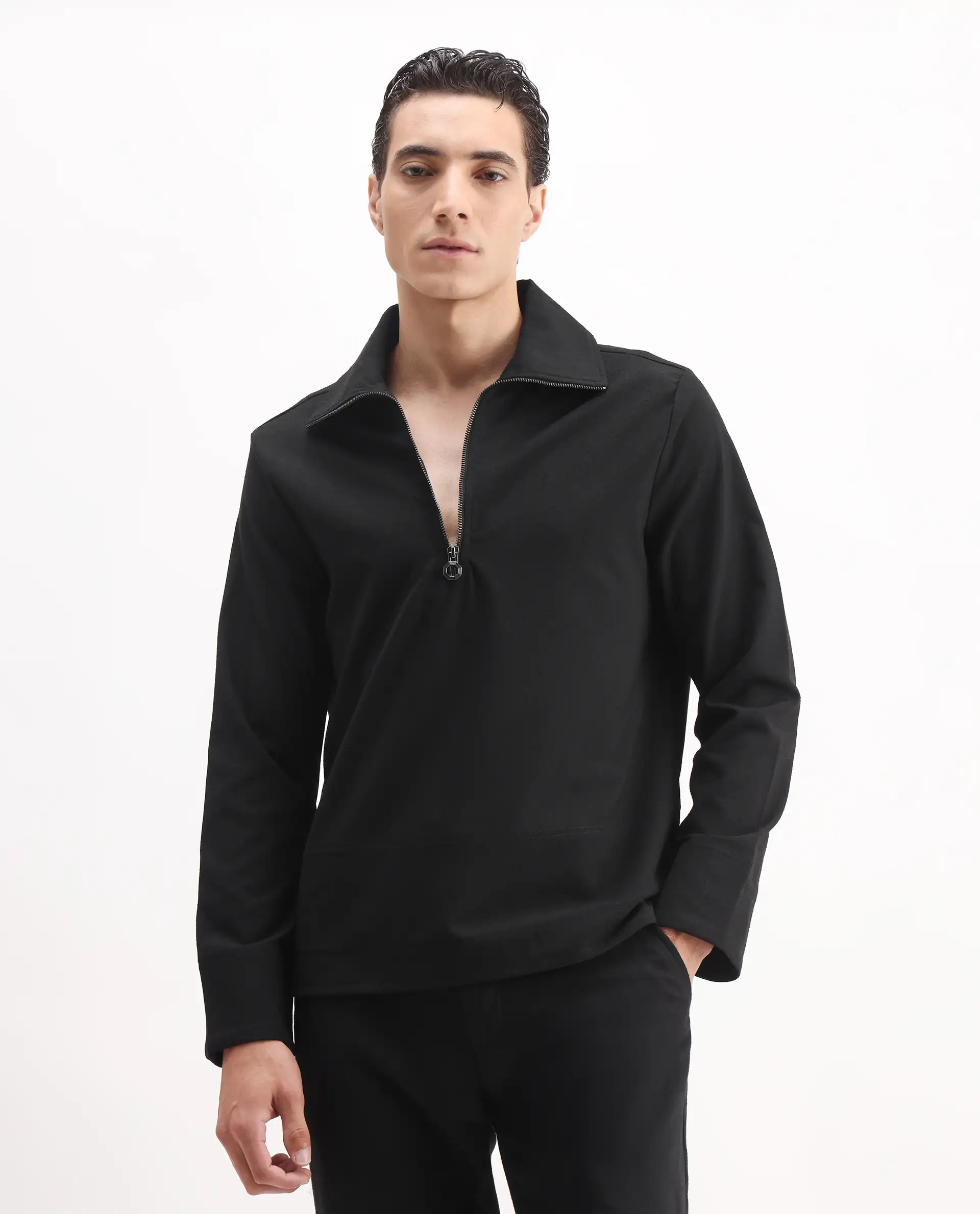 Rare Rabbit Men's Kikos-T Black Polyester Blend Plain Relaxed Fit Full Sleeve Collared Shaket - Image 5