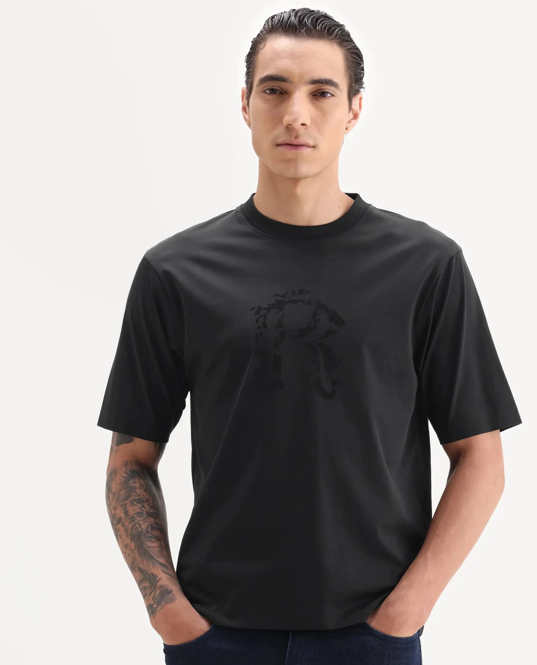 Rare Rabbit Men's Kilon Black Cotton Fabric Half Sleeve Crew Neck Regular Fit Graphic Print T-Shirt
