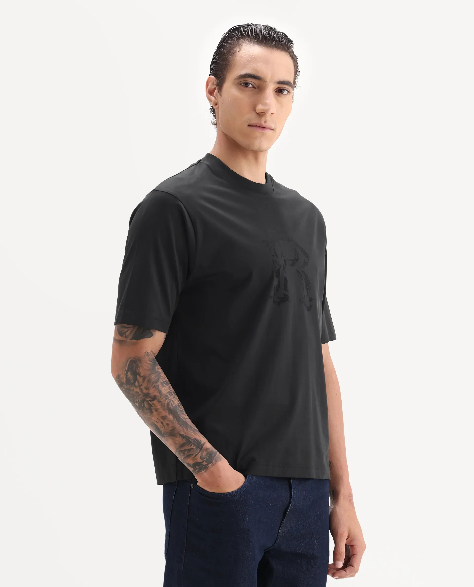 Rare Rabbit Men's Kilon Black Cotton Fabric Half Sleeve Crew Neck Regular Fit Graphic Print T-Shirt - Image 5