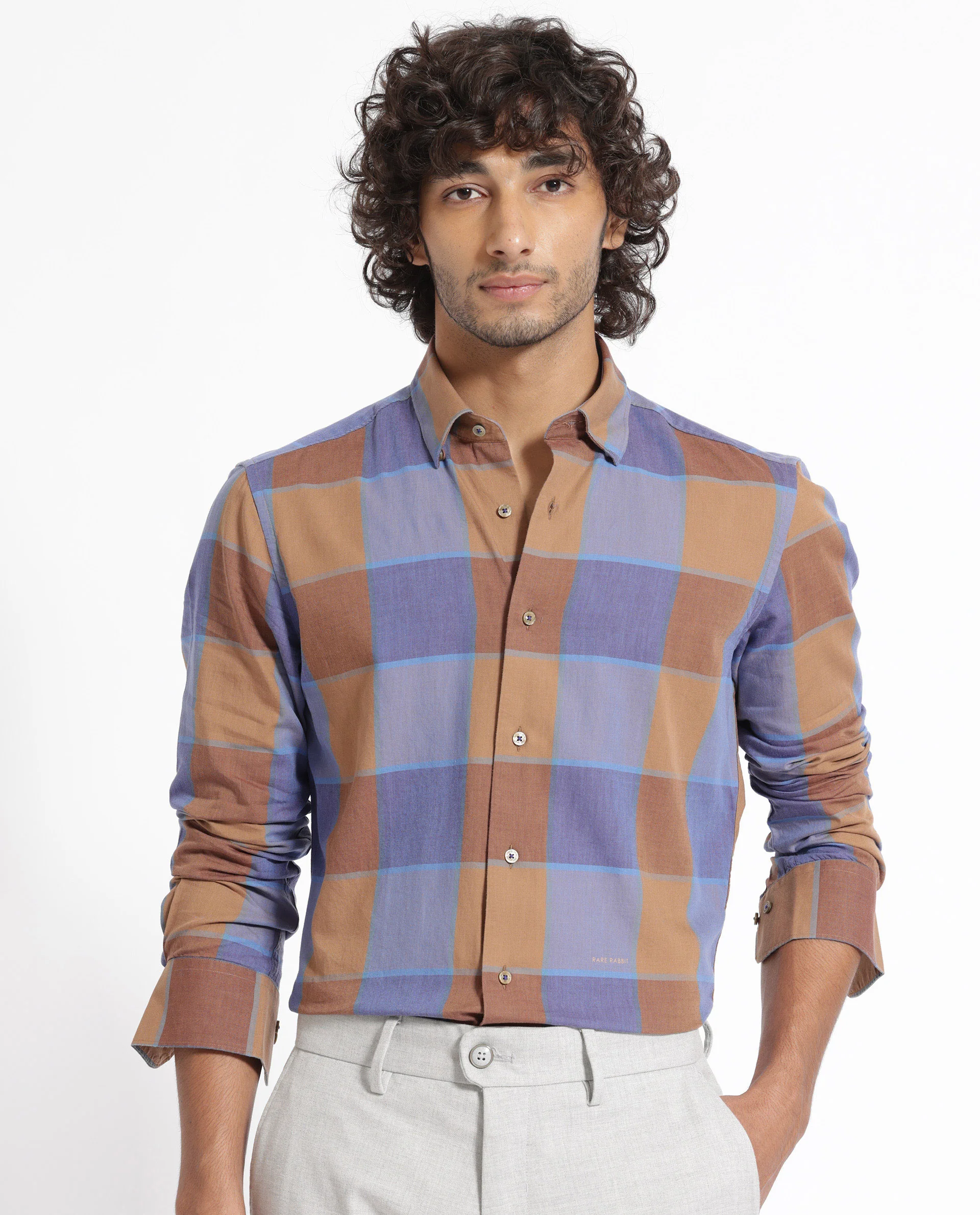 Rare Rabbit Men's Kim Brown Tencel Checked Print Regular Fit Full Sleeve Collared Shirt