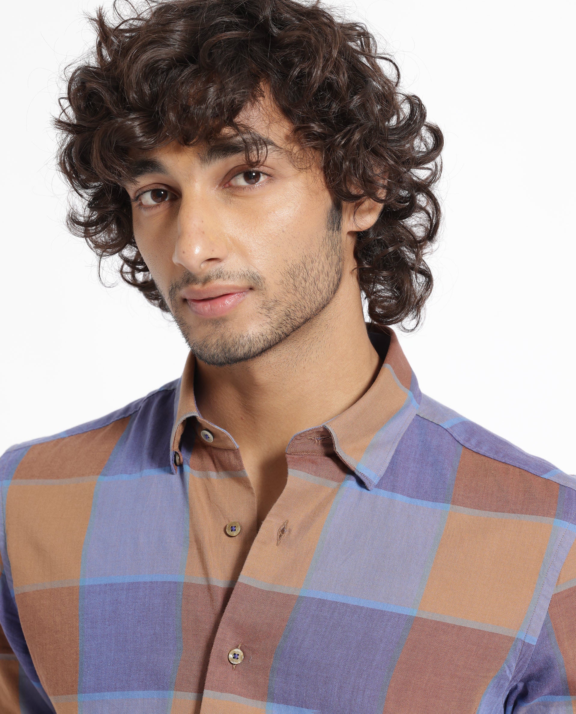 Rare Rabbit Men's Kim Brown Tencel Checked Print Regular Fit Full Sleeve Collared Shirt - Image 3