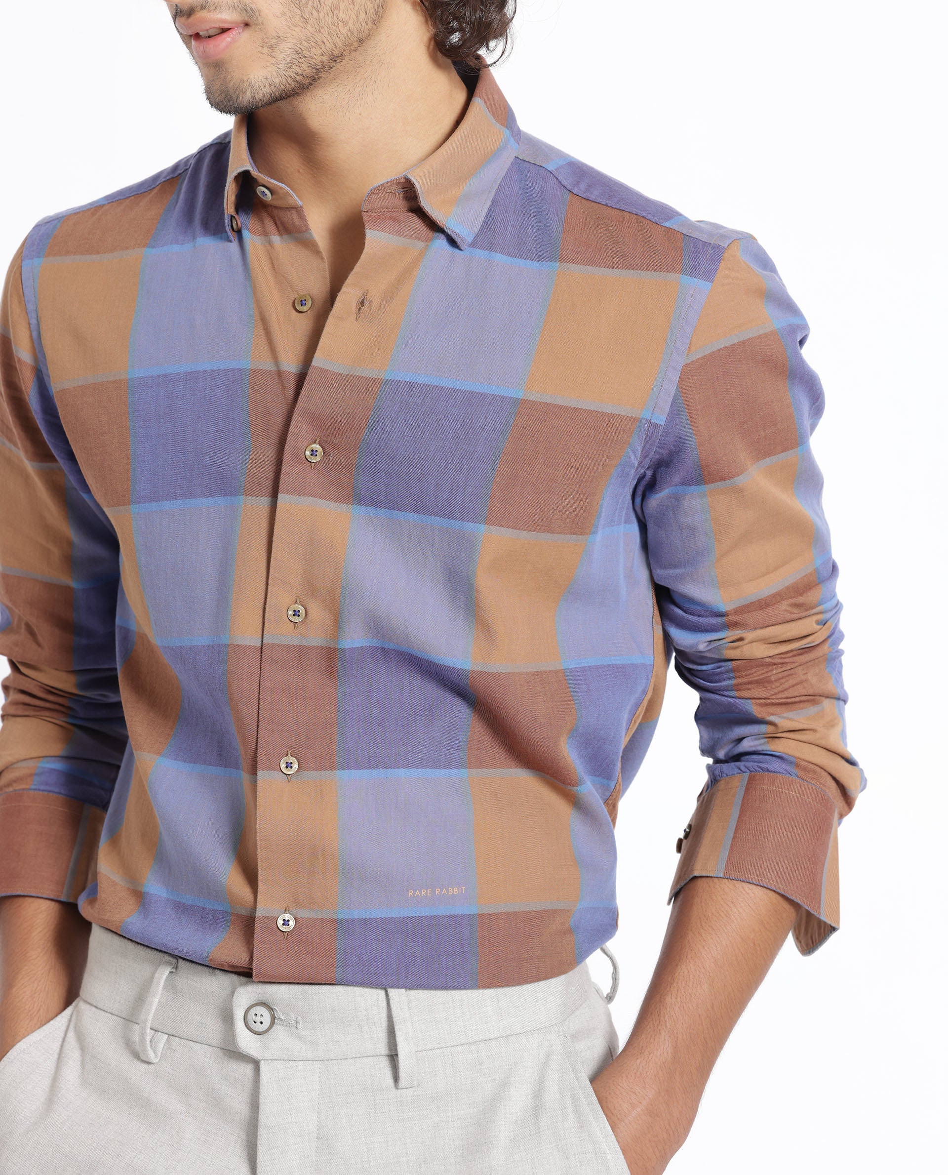 Rare Rabbit Men's Kim Brown Tencel Checked Print Regular Fit Full Sleeve Collared Shirt - Image 4
