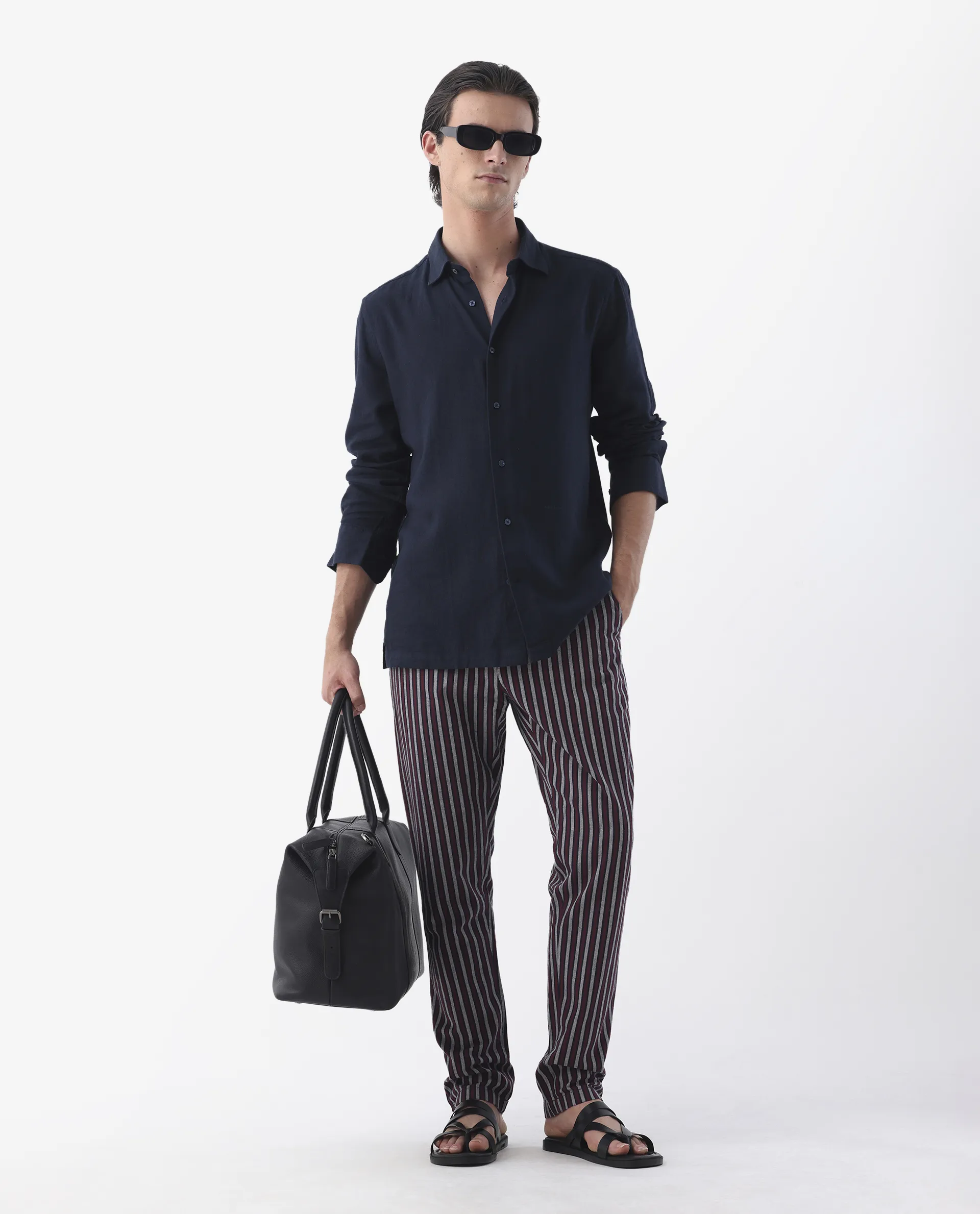 Rare Rabbit Men's Kimo Maroon Linen Blend Striped Print Regular Fit Trouser